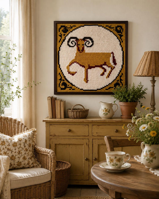 Framed Aries Needlepoint Art, Zodiac Ram Tapestry, Vintage Astrology Wall Hanging