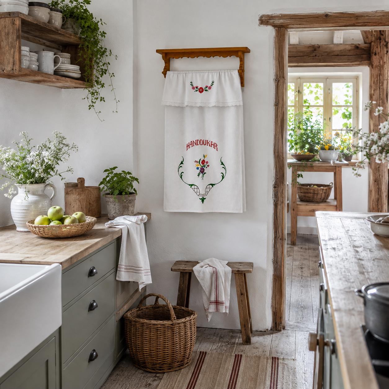Embroidered Linen Towel Holder with Wooden Shelf – Folk Art Kitchen Wall Hanging – Rustic Scandinavian Farmhouse Decor