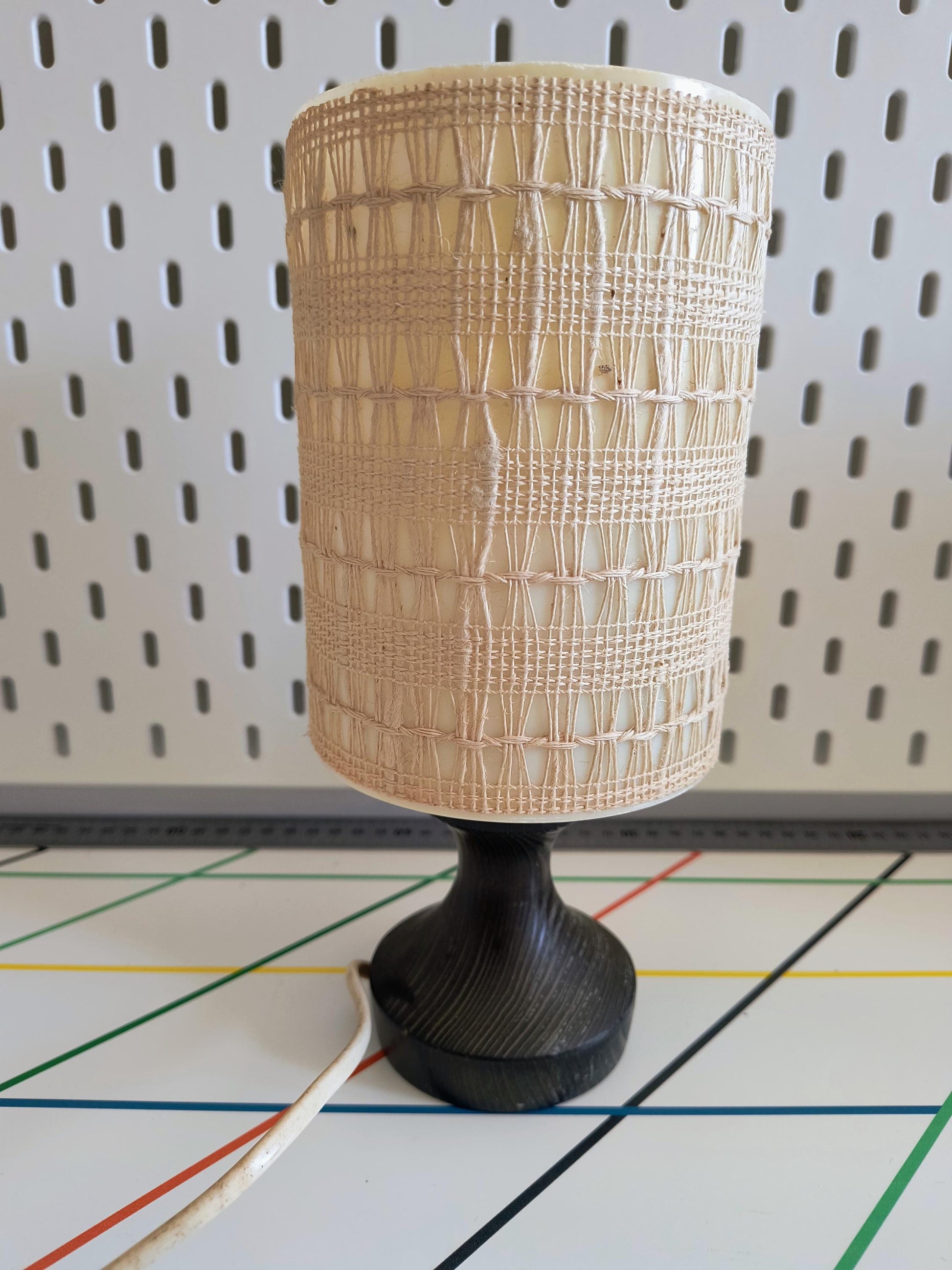 Swedish Pine Table Lamp Original Textile Shade Beige Stripe Scandinavian