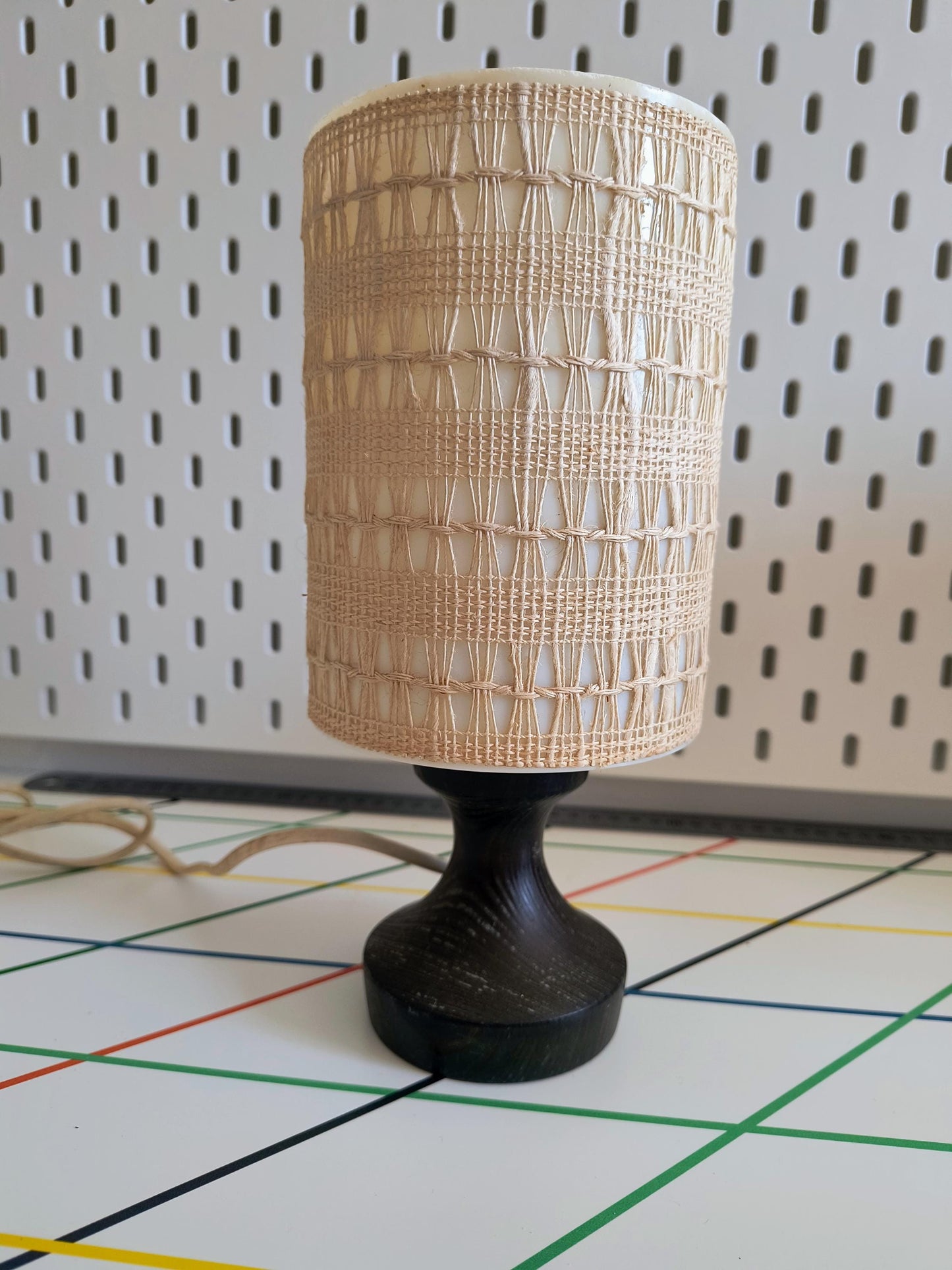 Swedish Pine Table Lamp Original Textile Shade Beige Stripe Scandinavian