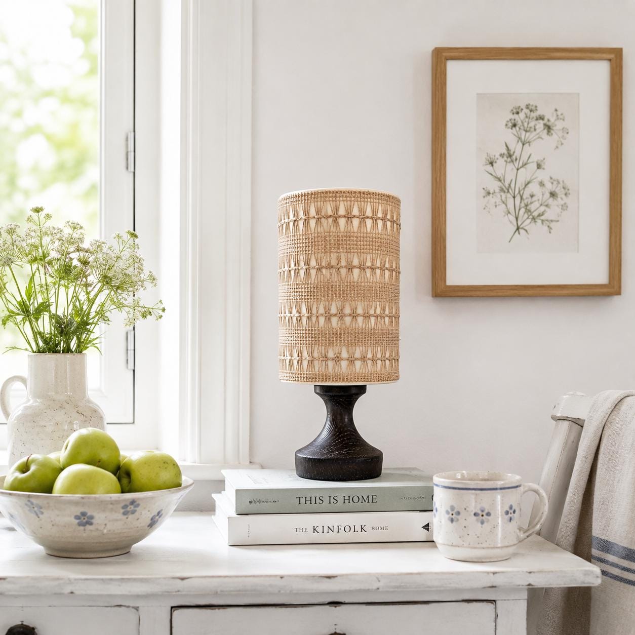 Swedish Pine Table Lamp Original Textile Shade Beige Stripe Scandinavian