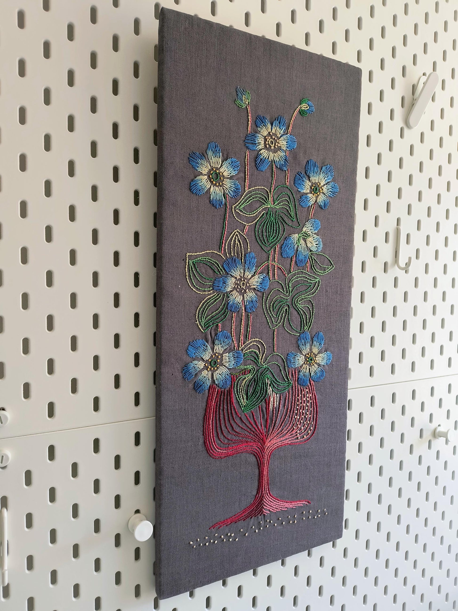 Embroidered Textile Wall Art – Handcrafted Floral Fiber Art – Scandinavian Folk Modern Linen Panel – Mid Century Nordic Decor