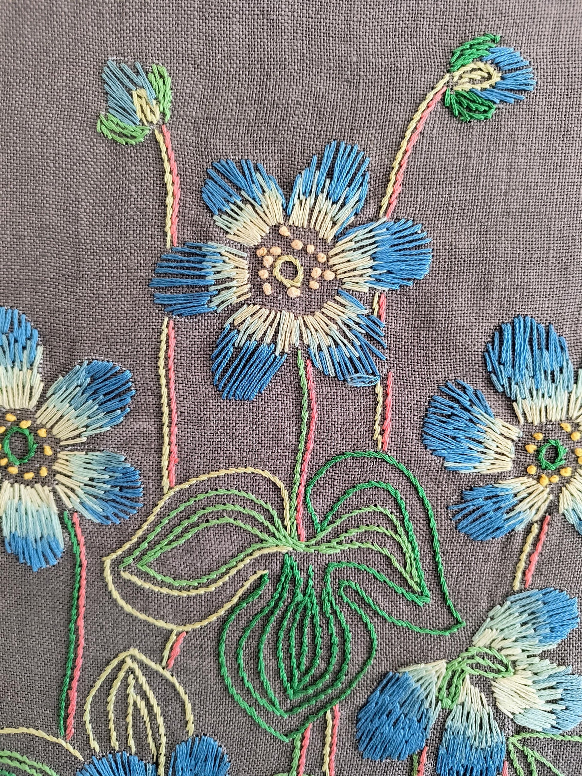 Embroidered Textile Wall Art – Handcrafted Floral Fiber Art – Scandinavian Folk Modern Linen Panel – Mid Century Nordic Decor