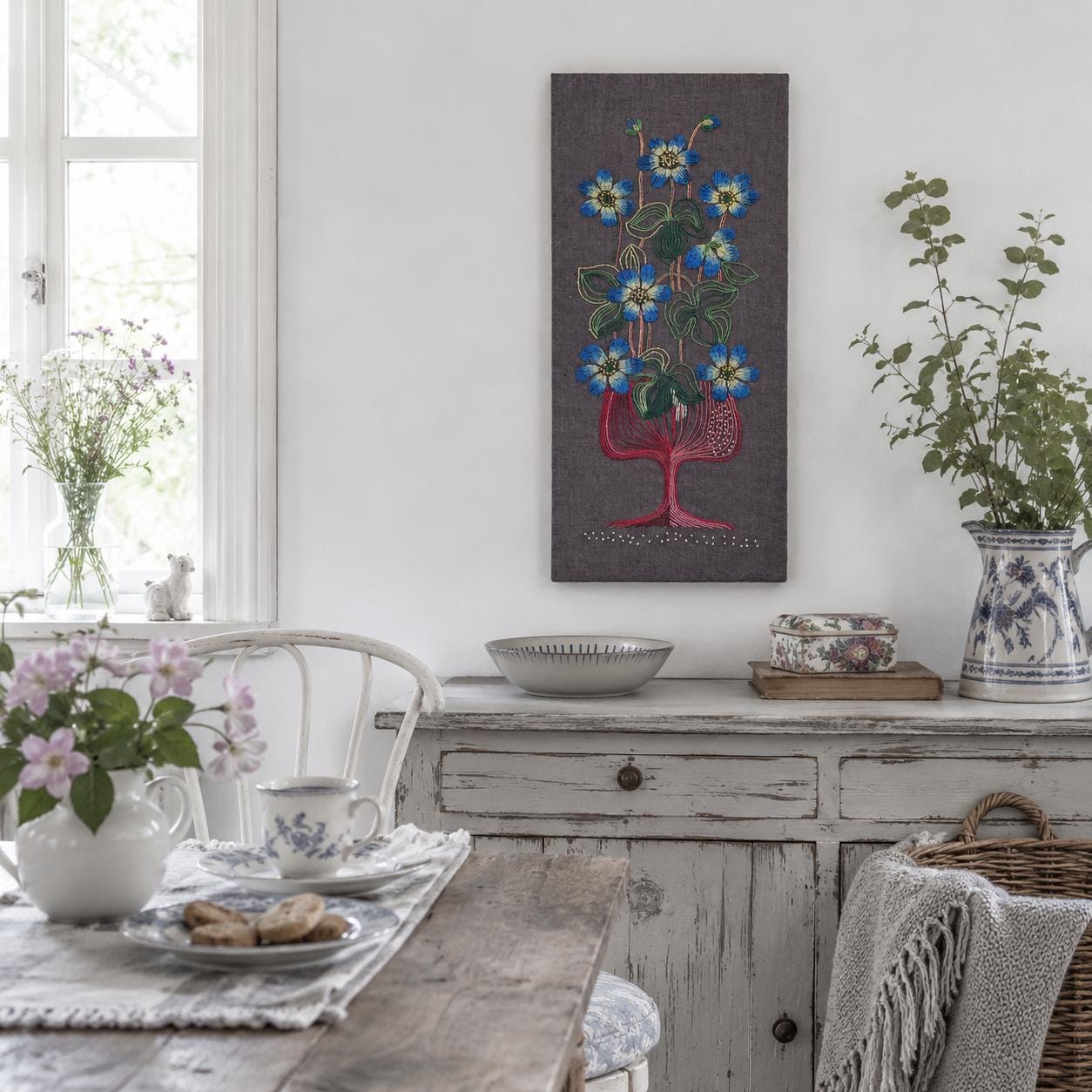 Embroidered Textile Wall Art – Handcrafted Floral Fiber Art – Scandinavian Folk Modern Linen Panel – Mid Century Nordic Decor