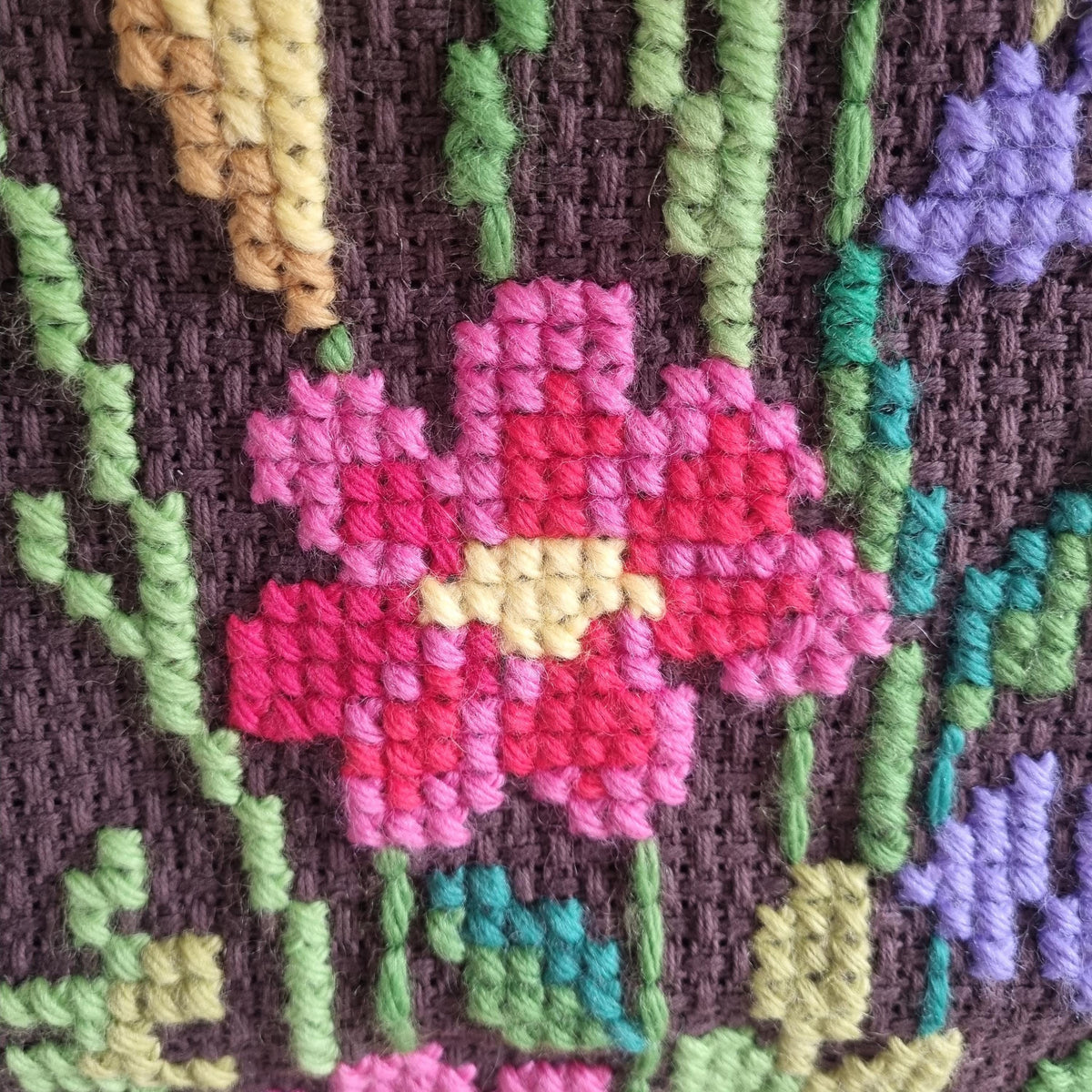 Floral Needlepoint Wall Hanging – Hand Embroidered Swedish Textile – Scandinavian Folk Decor