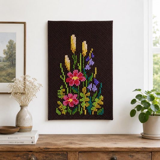 Floral Needlepoint Wall Hanging – Hand Embroidered Swedish Textile – Scandinavian Folk Decor