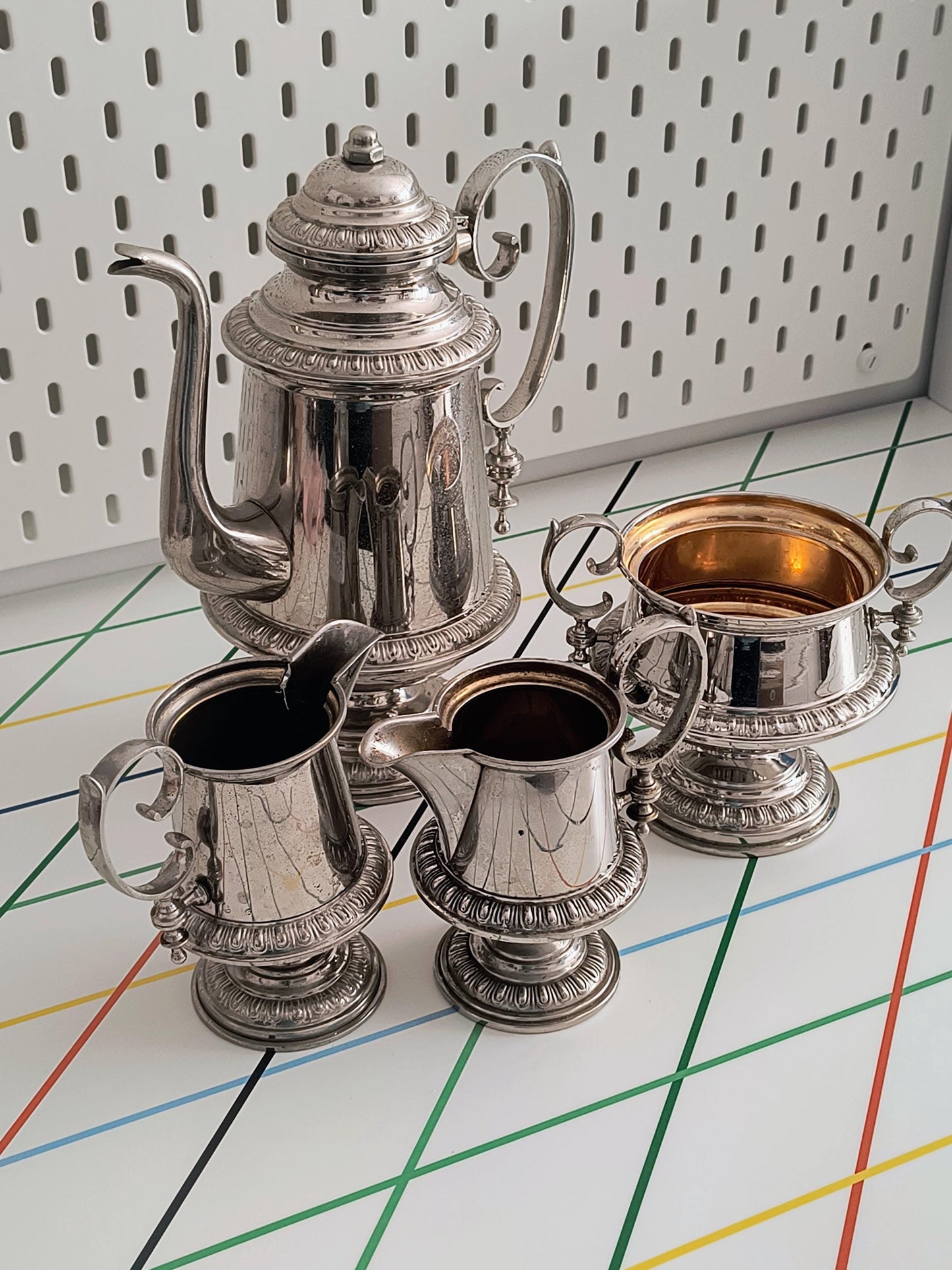 Antique Gustaf Eriksson Eskilstuna Swedish Silver Plated Coffee Set – Coffee Pot, Two Creamers & Sugar Bowl – c. 1910–1925