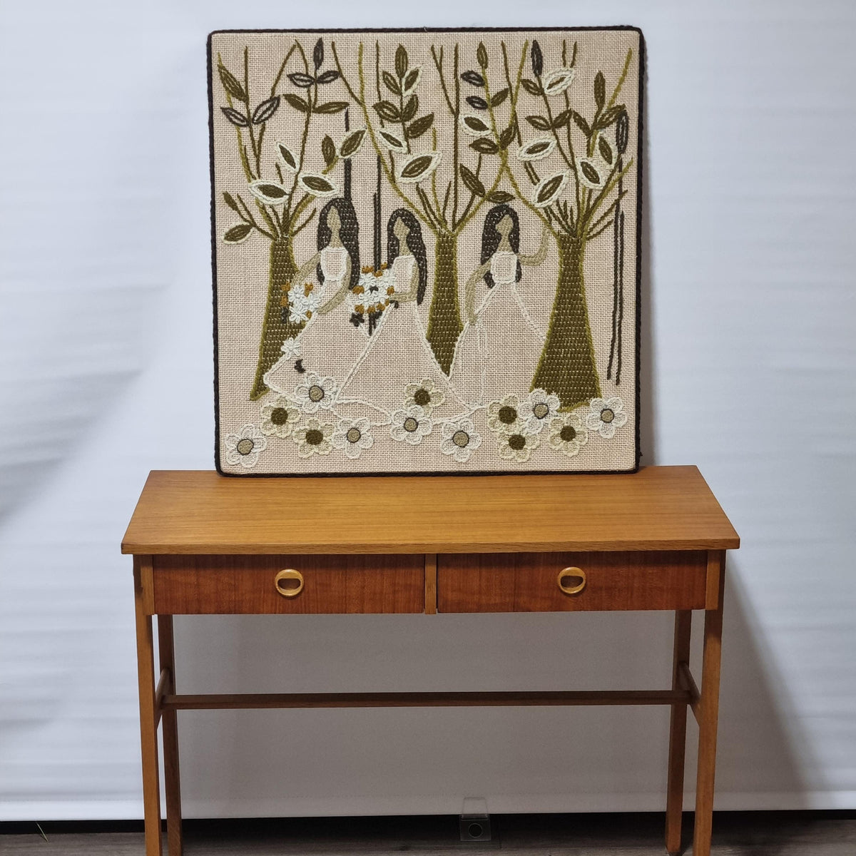 1960s Swedish Embroidered Textile Art | Mid Century Scandinavian Folk Tapestry