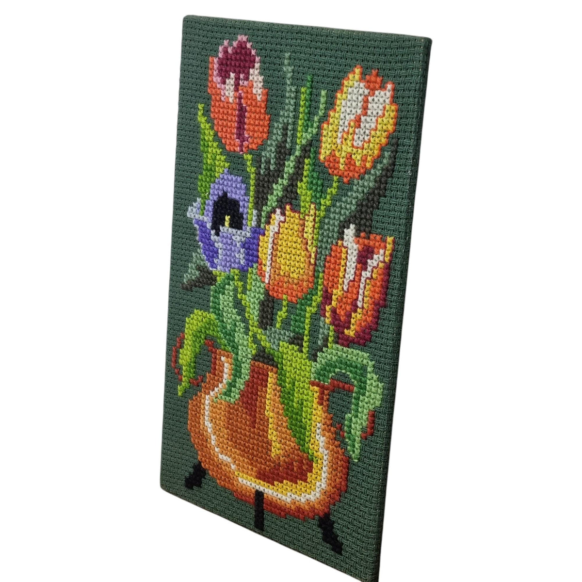 Swedish Tulip Needlepoint Wall Art | Mid Century Floral Textile Panel | 1960s 1970s Nordic Embroidery