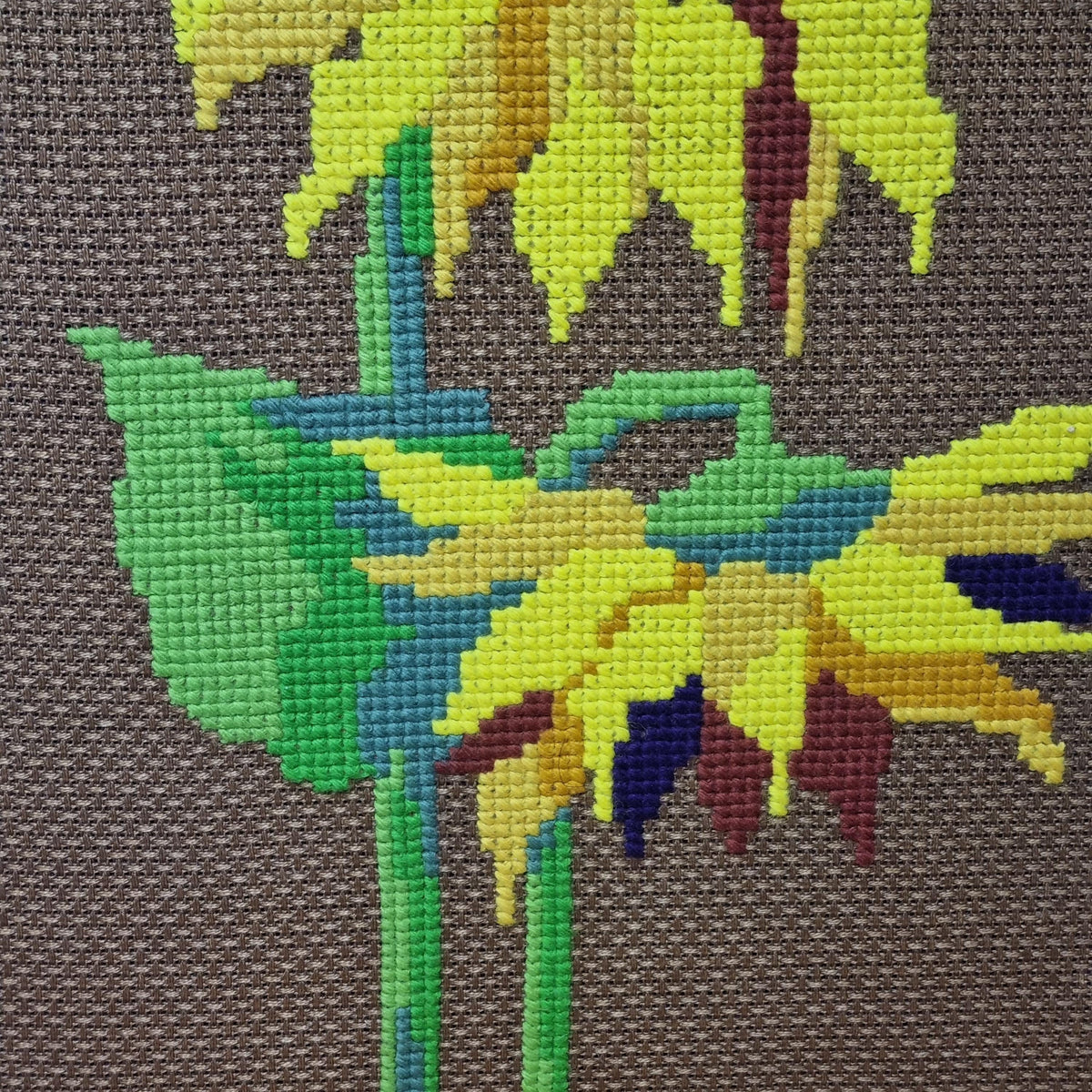 Large Sunflower Needlepoint Wall Art, Mid Century Teak Framed Textile Tapestry