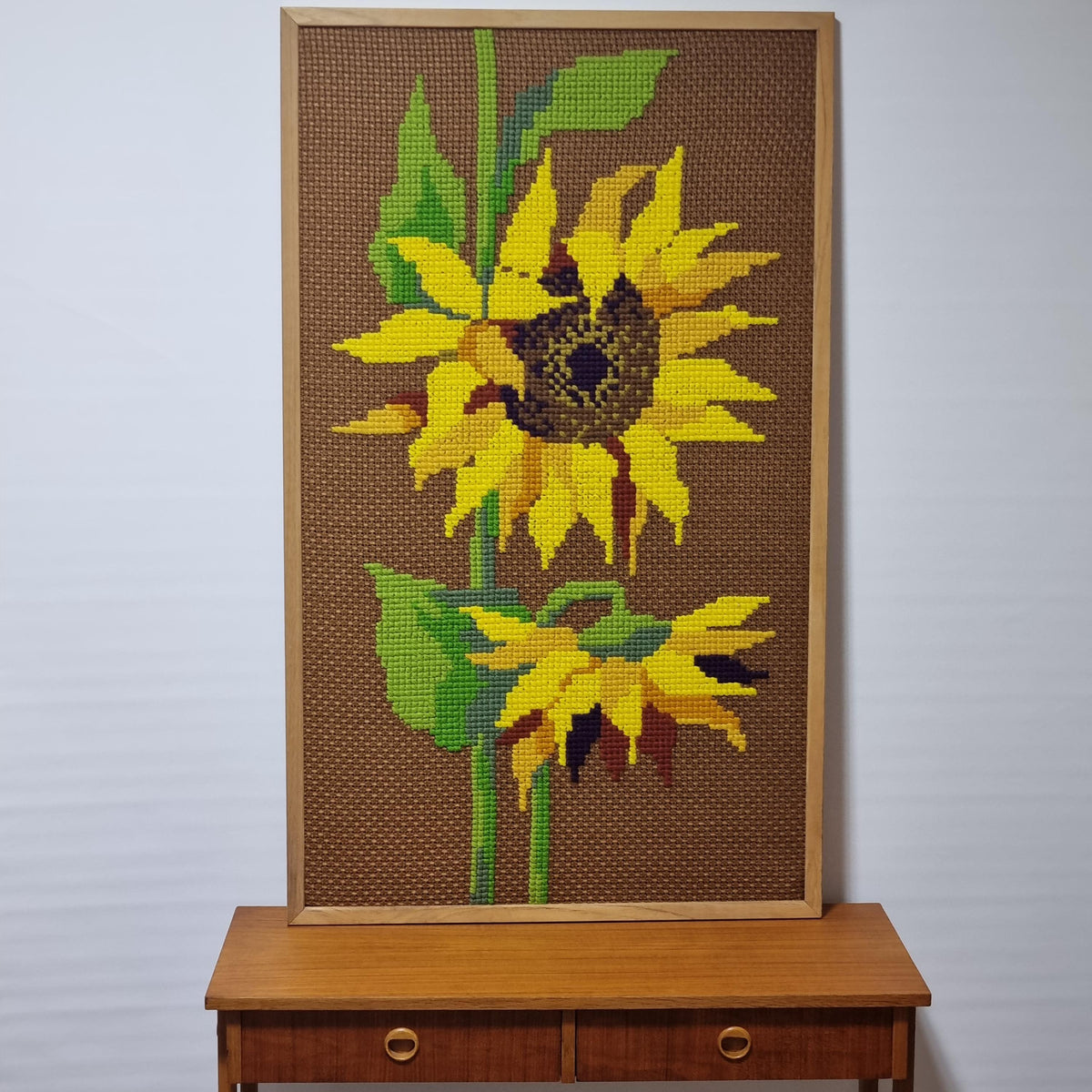 Large Sunflower Needlepoint Wall Art, Mid Century Teak Framed Textile Tapestry