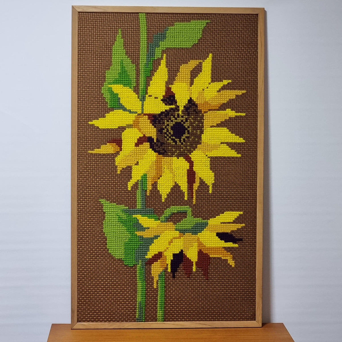 Large Sunflower Needlepoint Wall Art, Mid Century Teak Framed Textile Tapestry