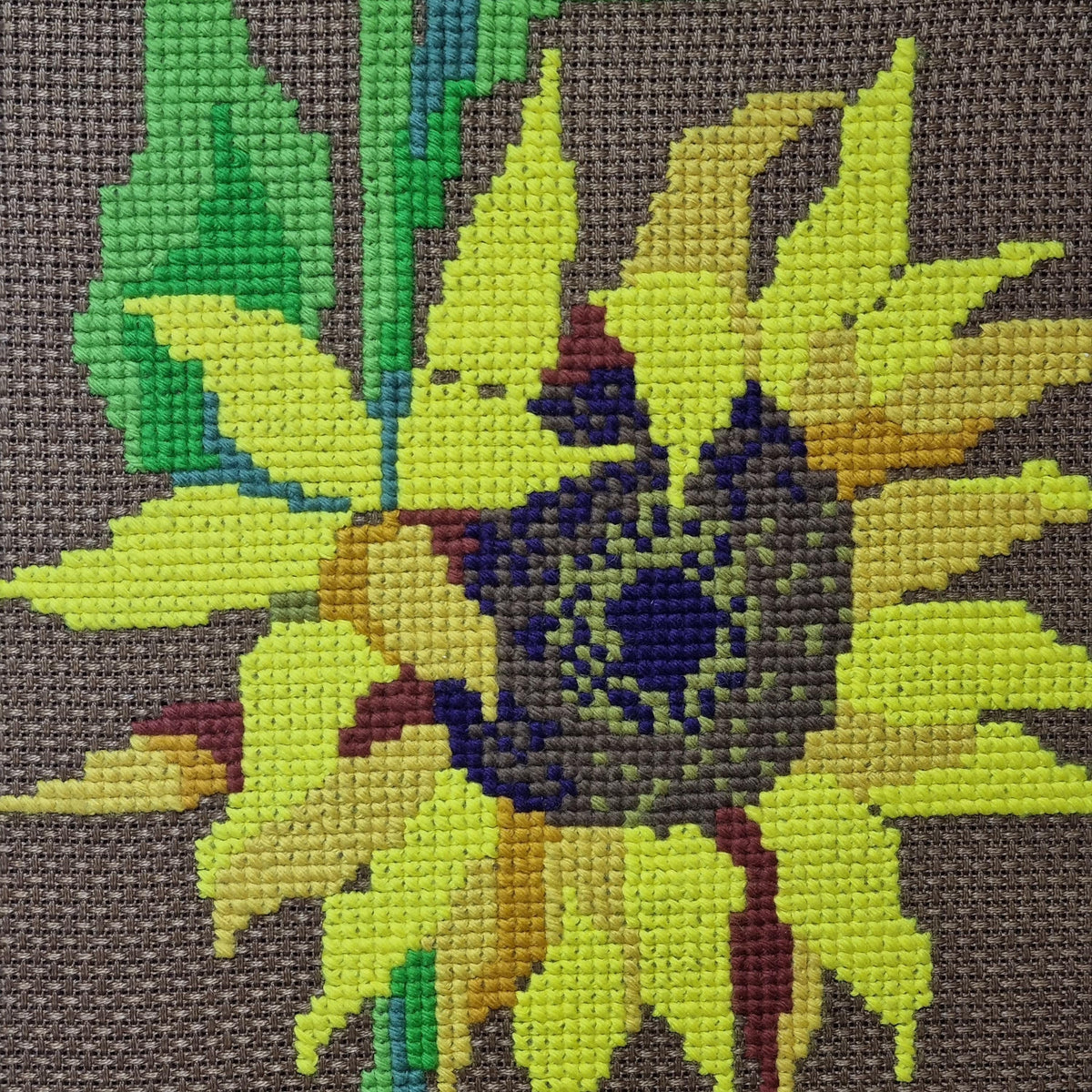 Large Sunflower Needlepoint Wall Art, Mid Century Teak Framed Textile Tapestry