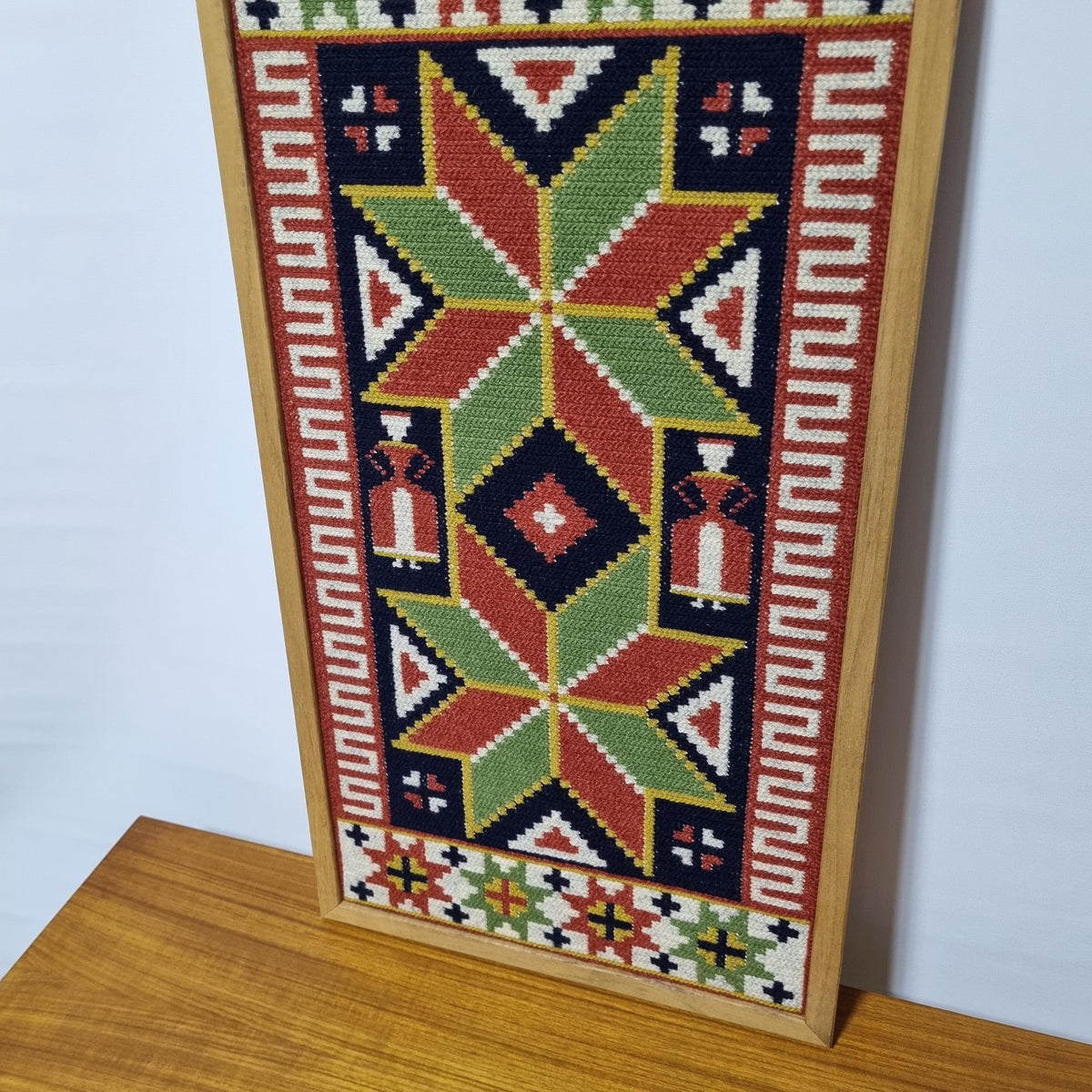 Swedish Folk Art Woven Wool Wall Hanging, Geometric Scandinavian Textile Art, Teak Frame