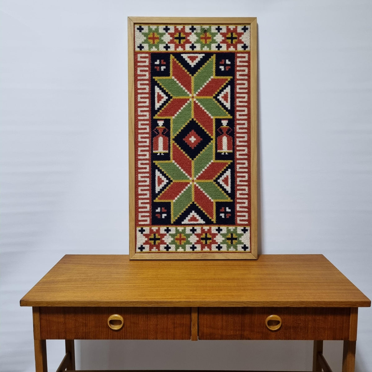 Swedish Folk Art Woven Wool Wall Hanging, Geometric Scandinavian Textile Art, Teak Frame