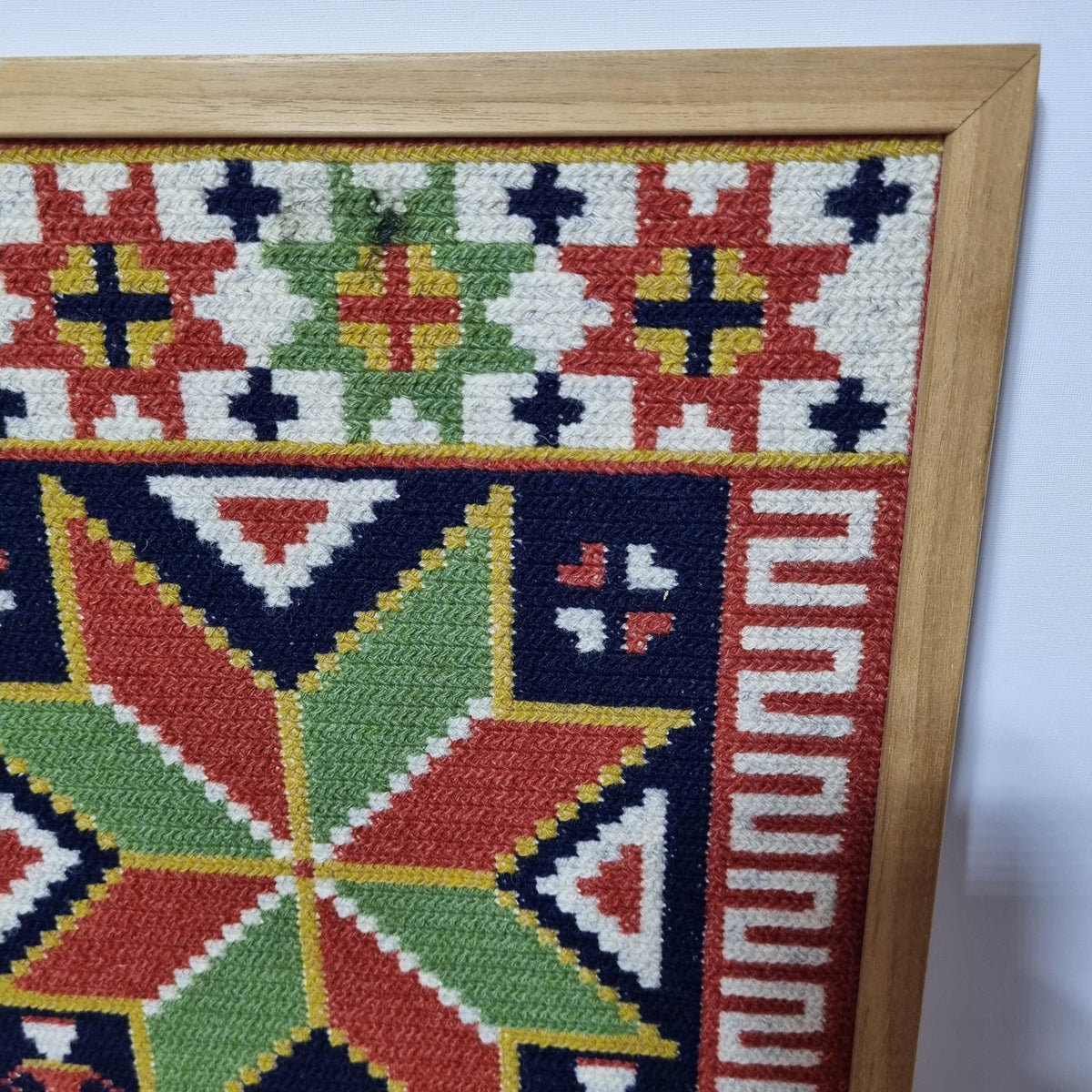 Swedish Folk Art Woven Wool Wall Hanging, Geometric Scandinavian Textile Art, Teak Frame