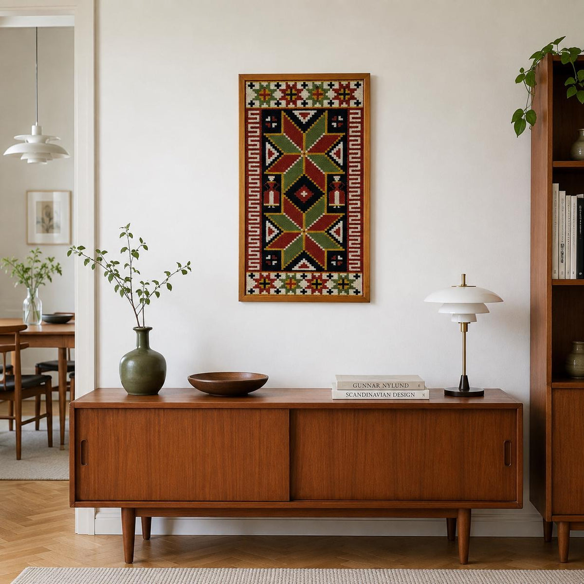 Swedish Folk Art Woven Wool Wall Hanging, Geometric Scandinavian Textile Art, Teak Frame