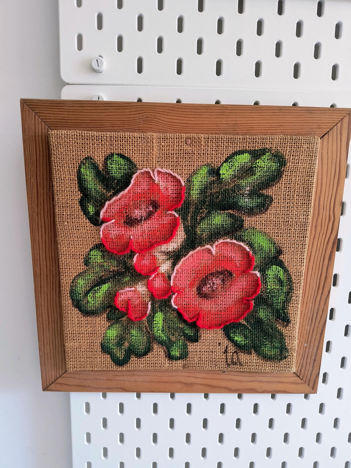Set of 4 Framed Burlap Botanical Art, Hand Painted Swedish Floral Panels