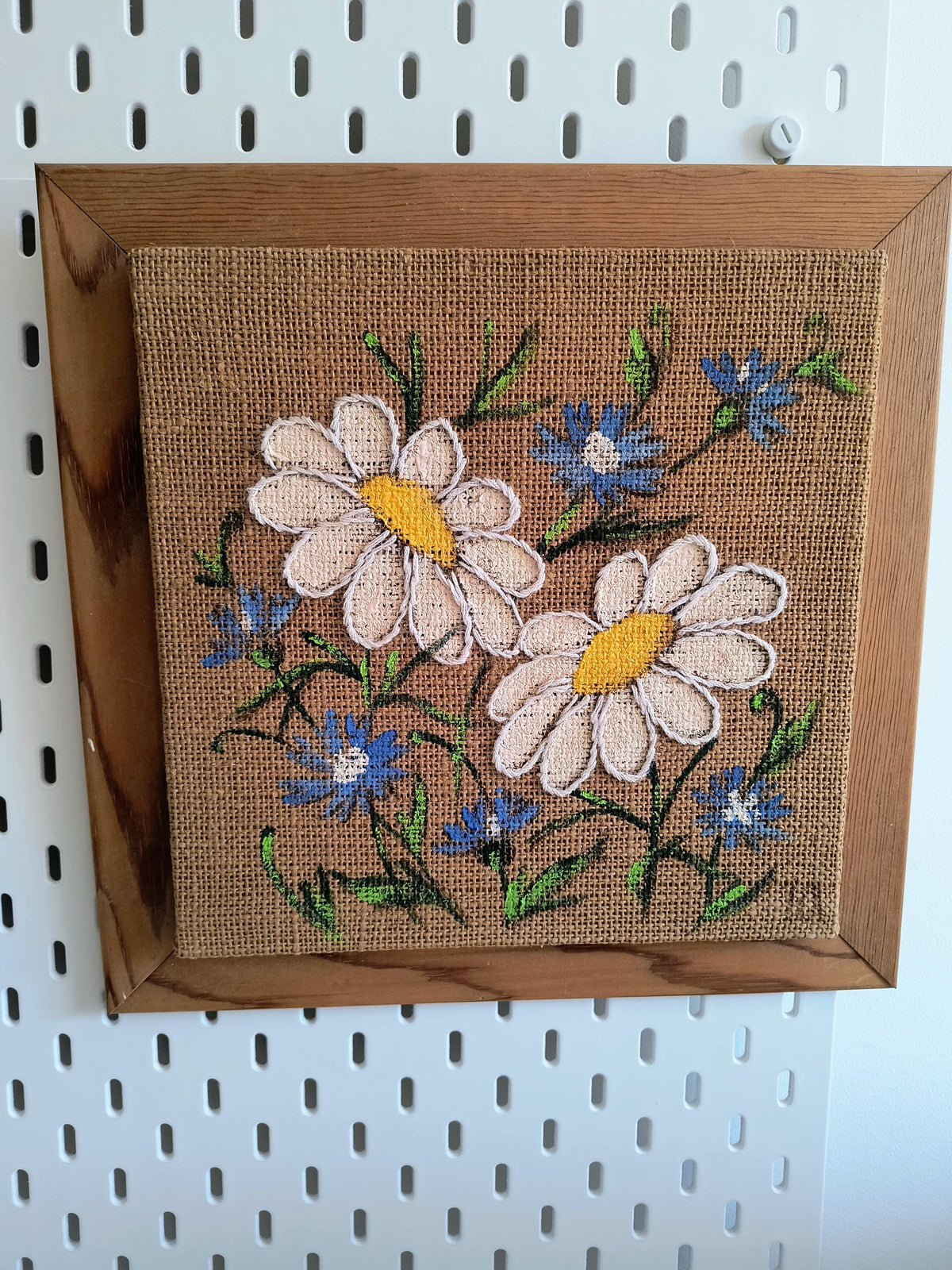 Set of 4 Framed Burlap Botanical Art, Hand Painted Swedish Floral Panels