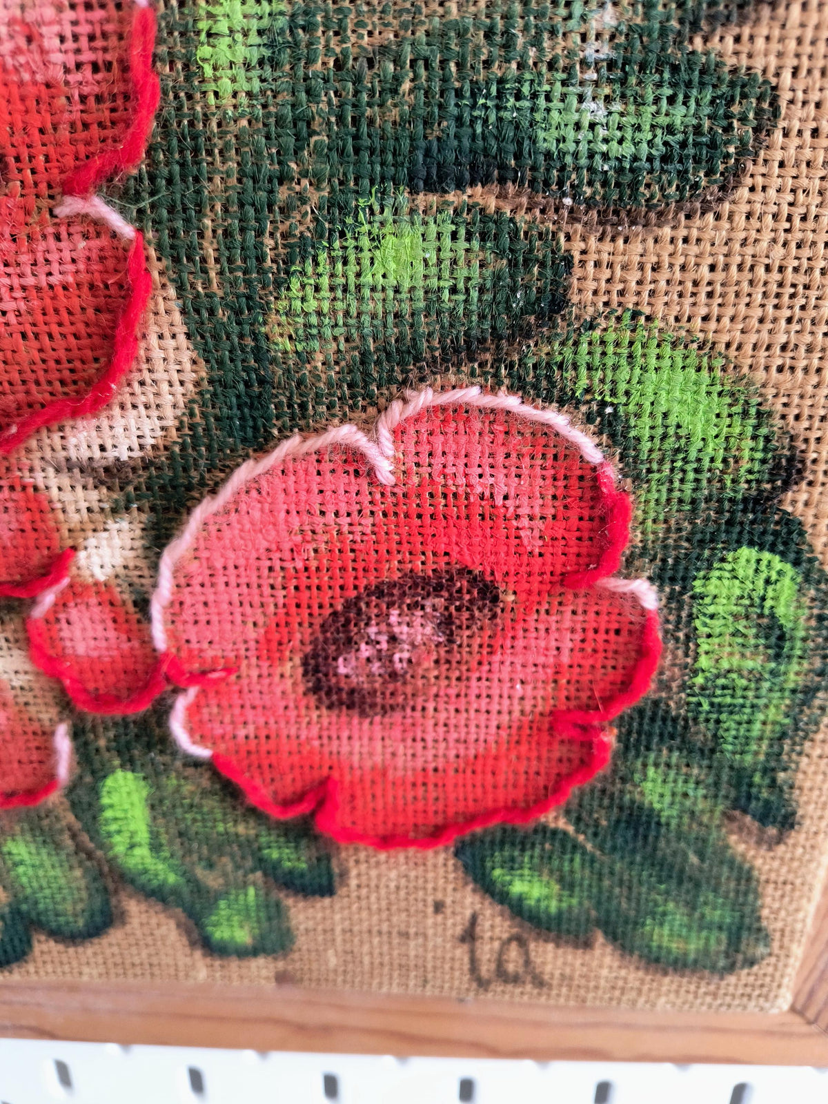 Set of 4 Framed Burlap Botanical Art, Hand Painted Swedish Floral Panels