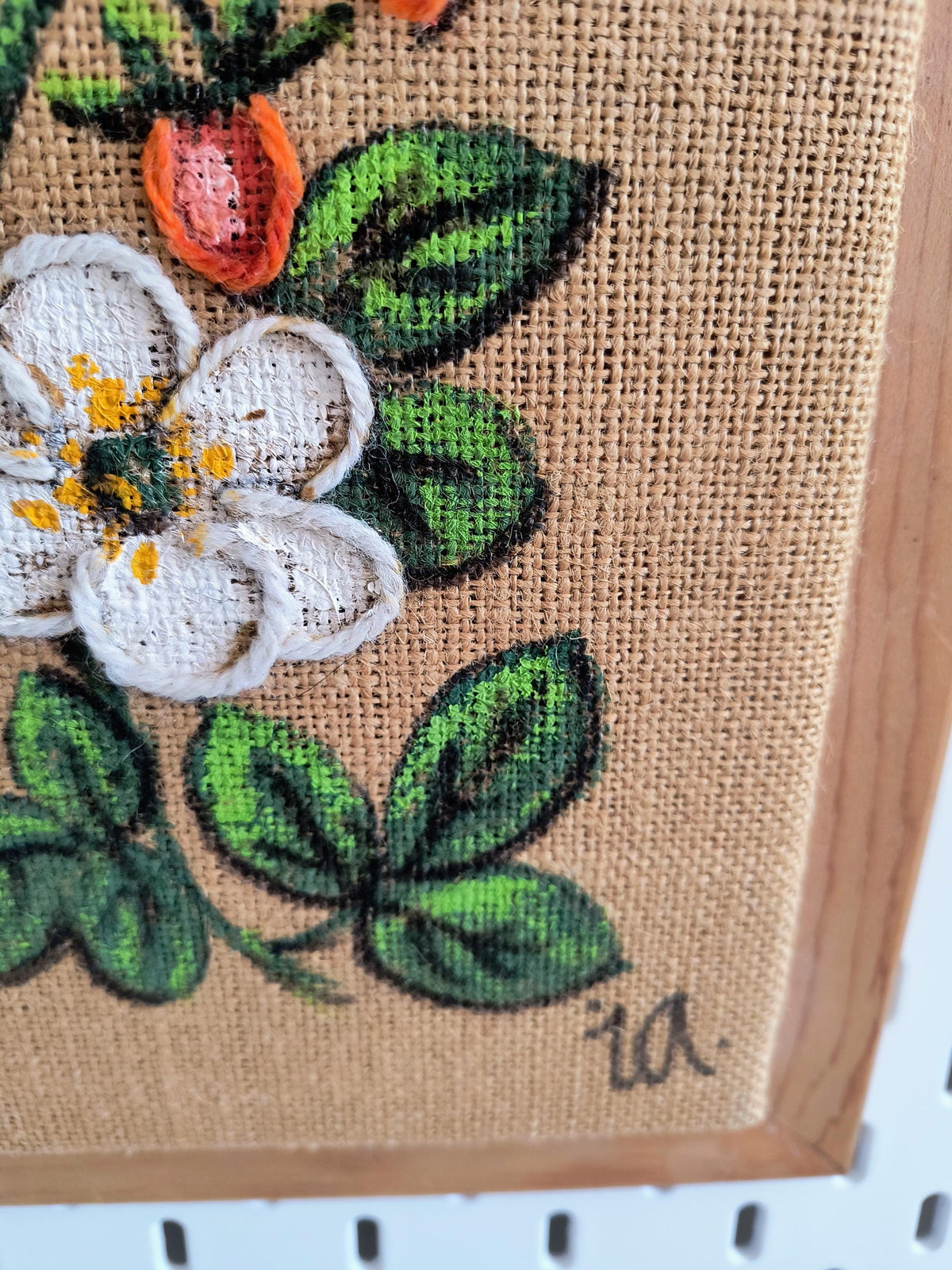 Set of 4 Framed Burlap Botanical Art, Hand Painted Swedish Floral Panels