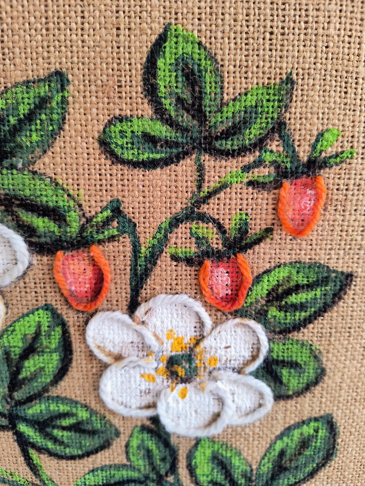 Set of 4 Framed Burlap Botanical Art, Hand Painted Swedish Floral Panels