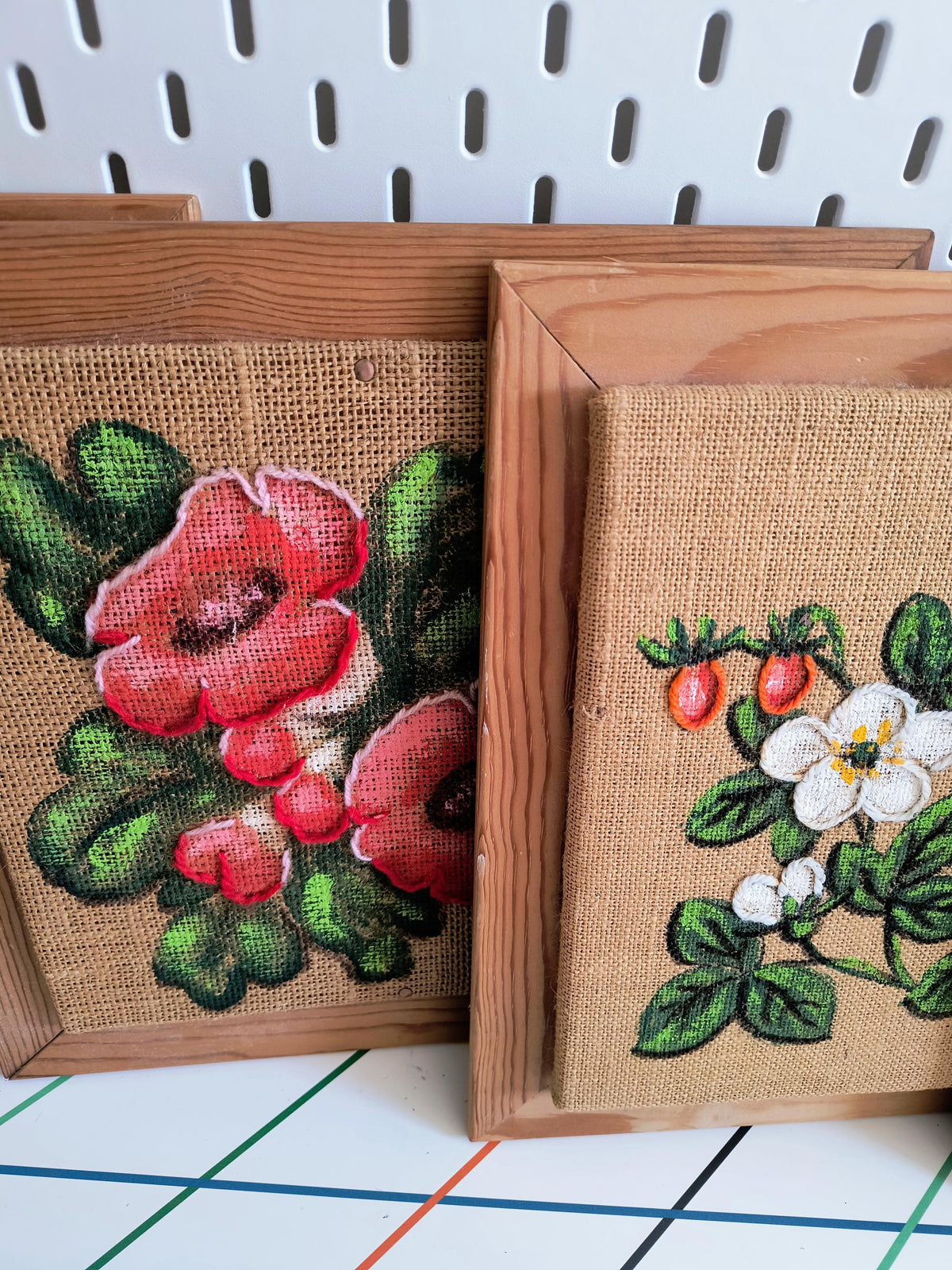 Set of 4 Framed Burlap Botanical Art, Hand Painted Swedish Floral Panels