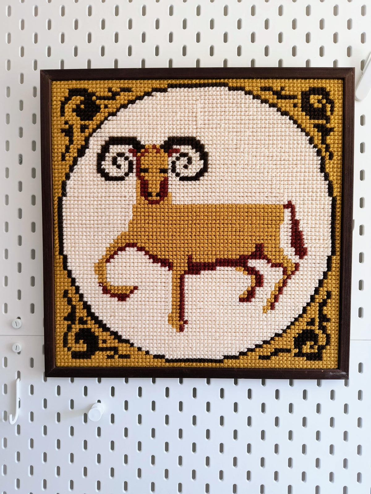 Framed Aries Needlepoint Art, Zodiac Ram Tapestry, Vintage Astrology Wall Hanging
