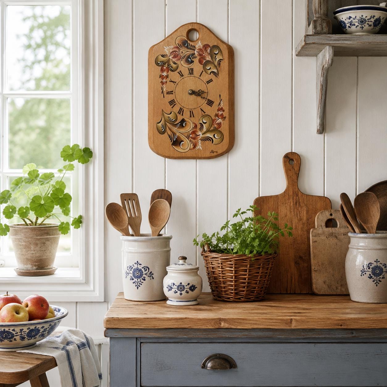 Swedish Kurbits Wall Clock – Original Hand-Painted Folk Art, Signed