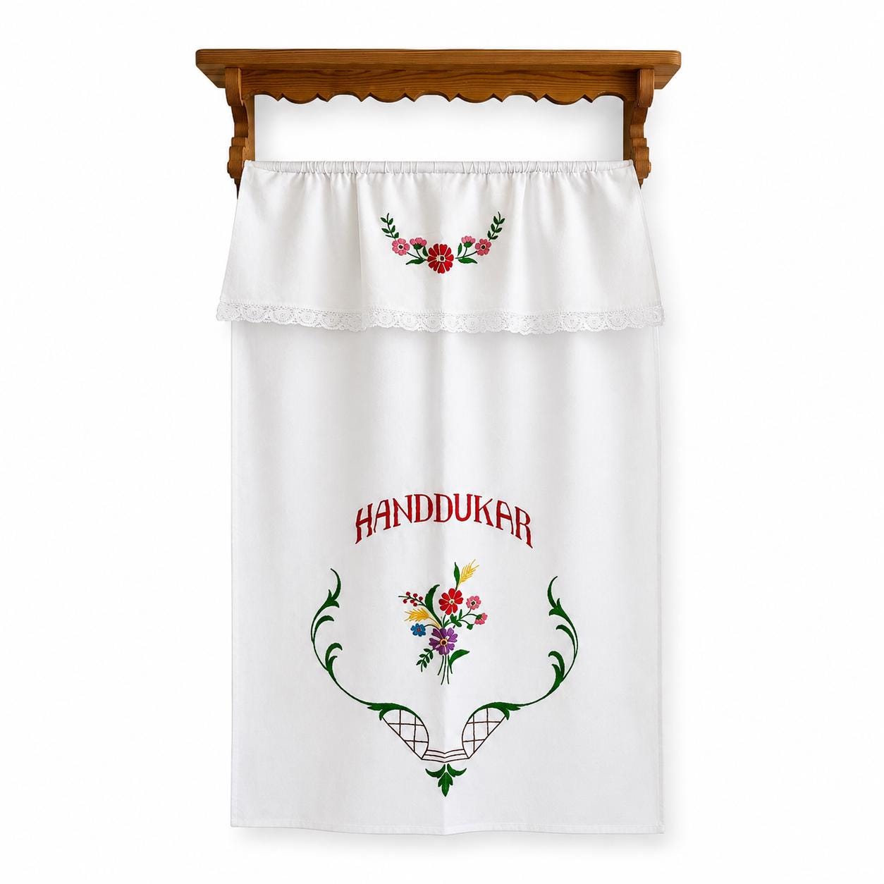 Embroidered Linen Towel Holder with Wooden Shelf – Folk Art Kitchen Wall Hanging – Rustic Scandinavian Farmhouse Decor