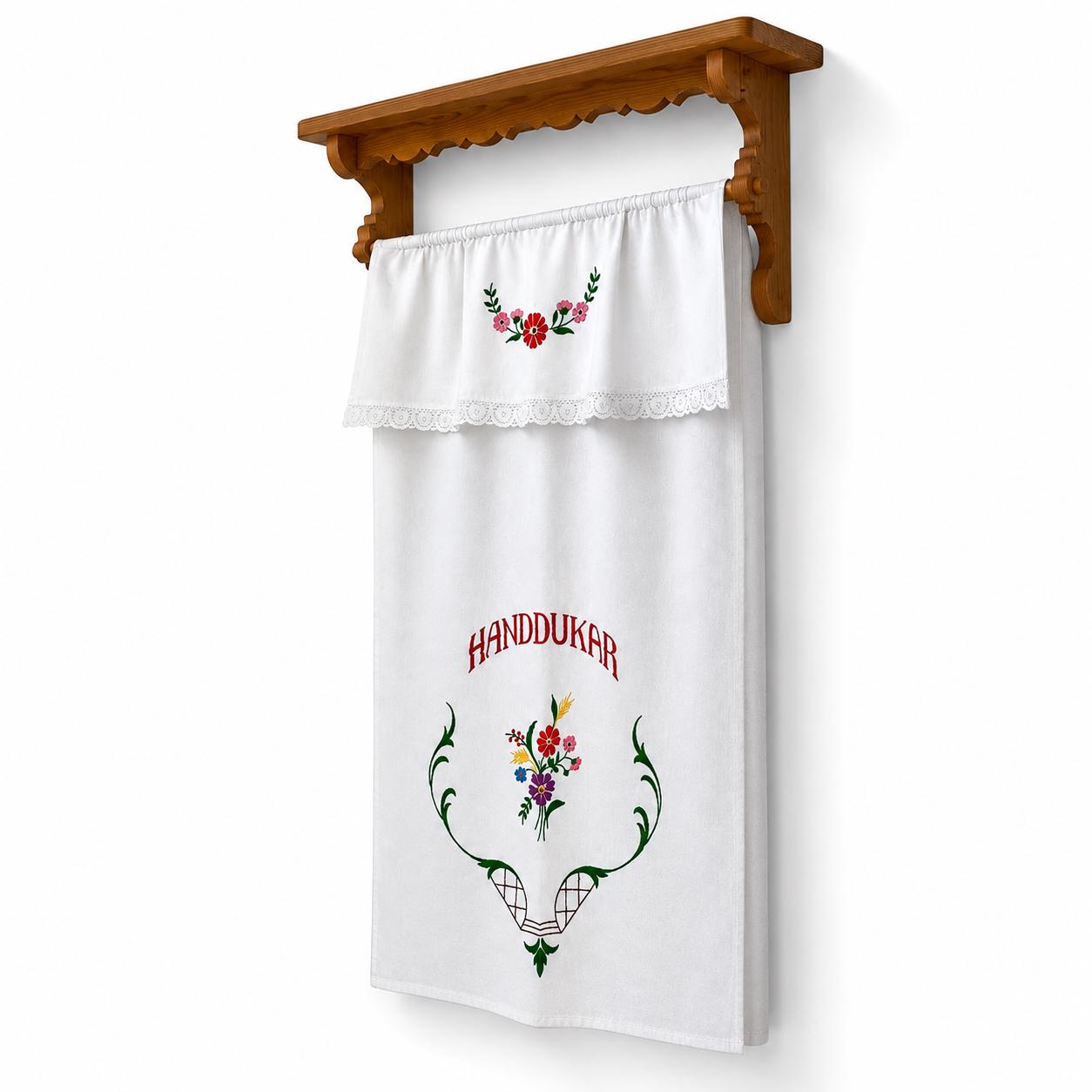 Embroidered Linen Towel Holder with Wooden Shelf – Folk Art Kitchen Wall Hanging – Rustic Scandinavian Farmhouse Decor
