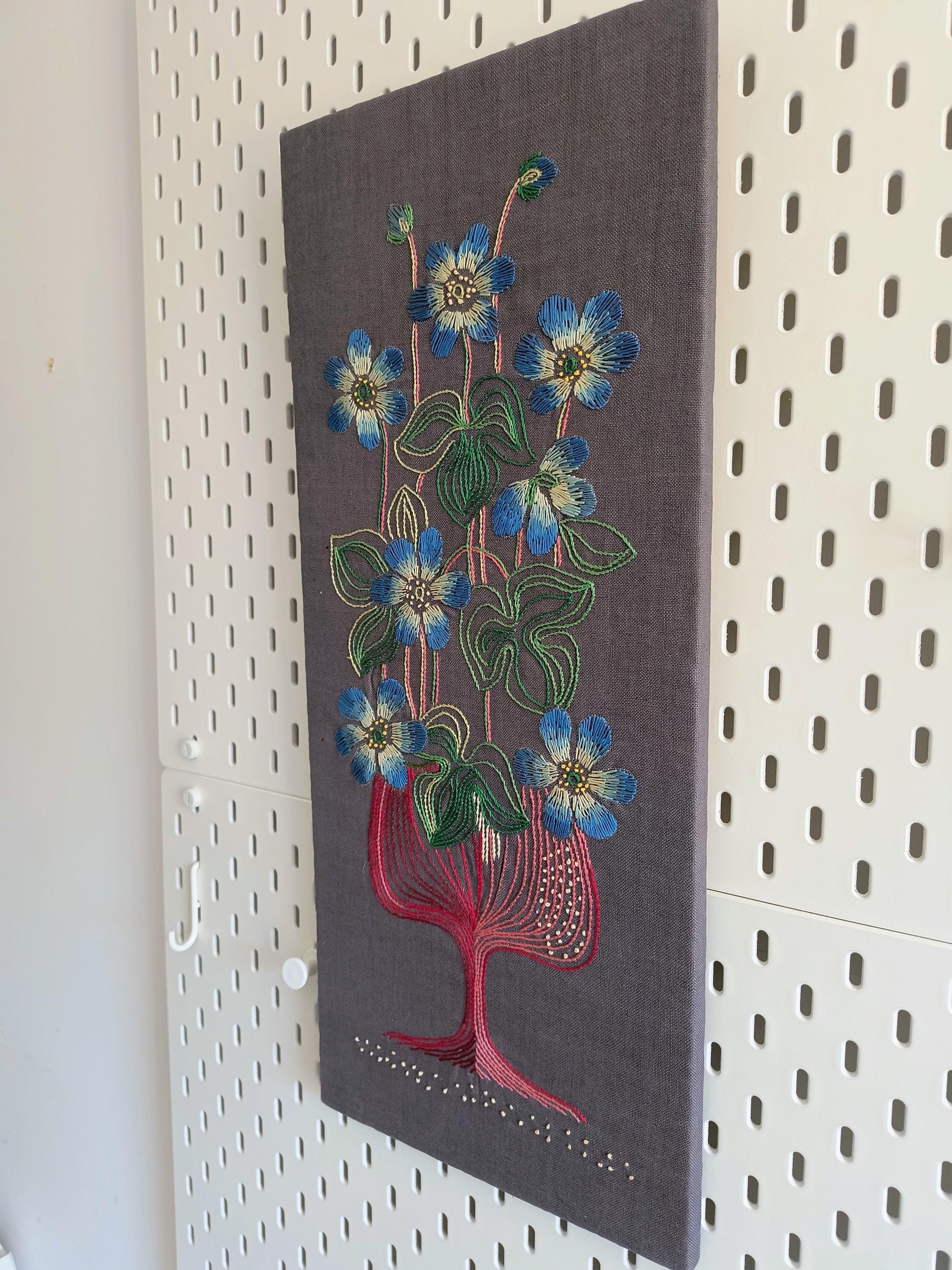Embroidered Textile Wall Art – Handcrafted Floral Fiber Art – Scandinavian Folk Modern Linen Panel – Mid Century Nordic Decor
