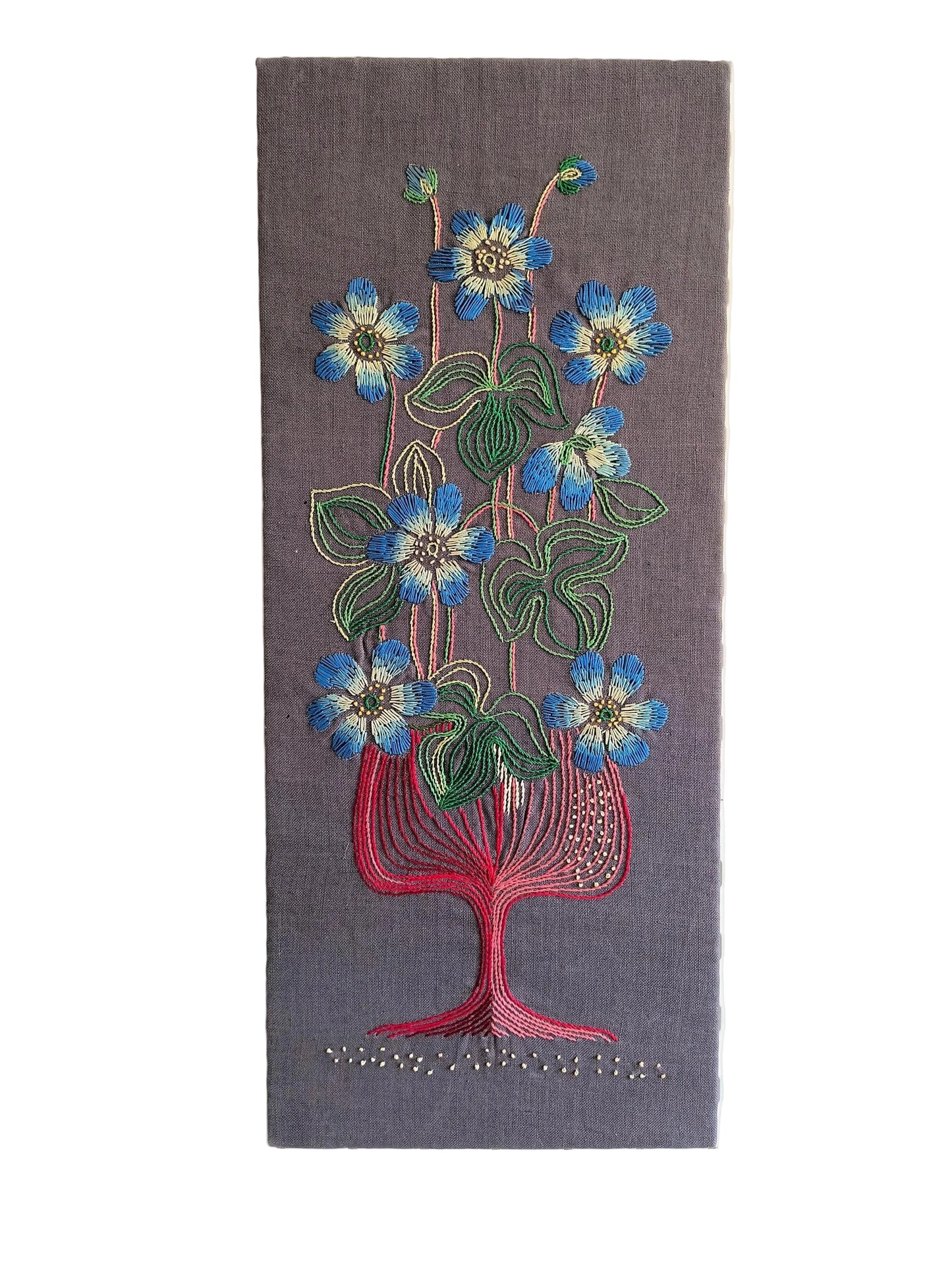 Embroidered Textile Wall Art – Handcrafted Floral Fiber Art – Scandinavian Folk Modern Linen Panel – Mid Century Nordic Decor