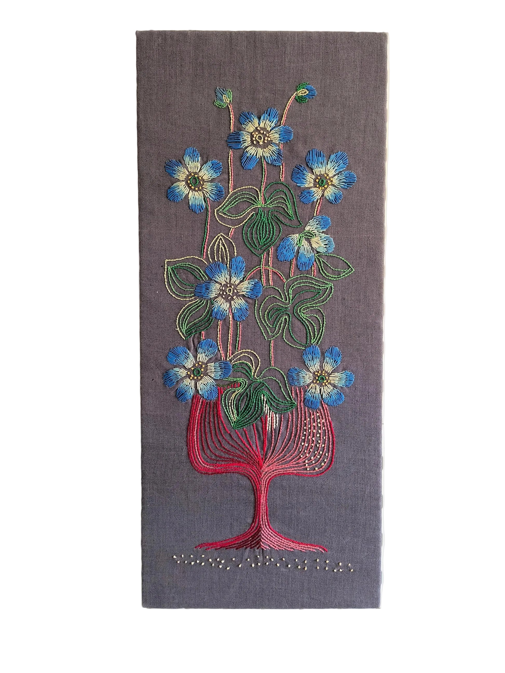 Embroidered Textile Wall Art – Handcrafted Floral Fiber Art – Scandinavian Folk Modern Linen Panel – Mid Century Nordic Decor