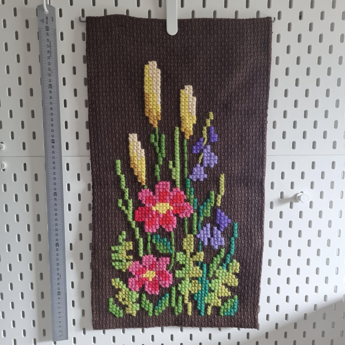 Floral Needlepoint Wall Hanging – Hand Embroidered Swedish Textile – Scandinavian Folk Decor