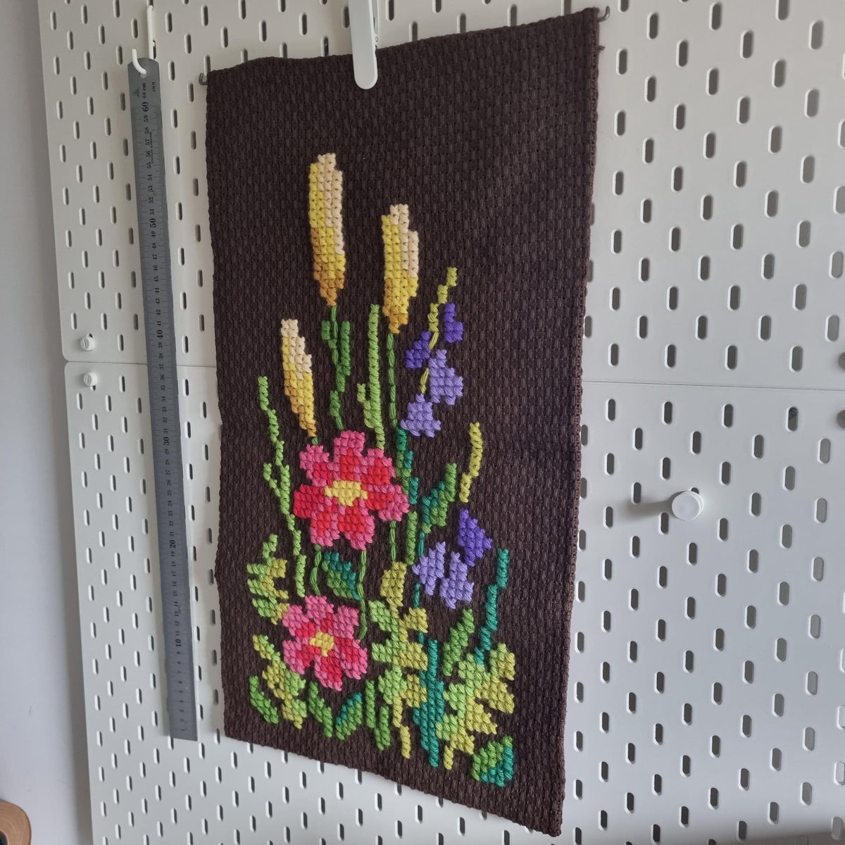 Floral Needlepoint Wall Hanging – Hand Embroidered Swedish Textile – Scandinavian Folk Decor