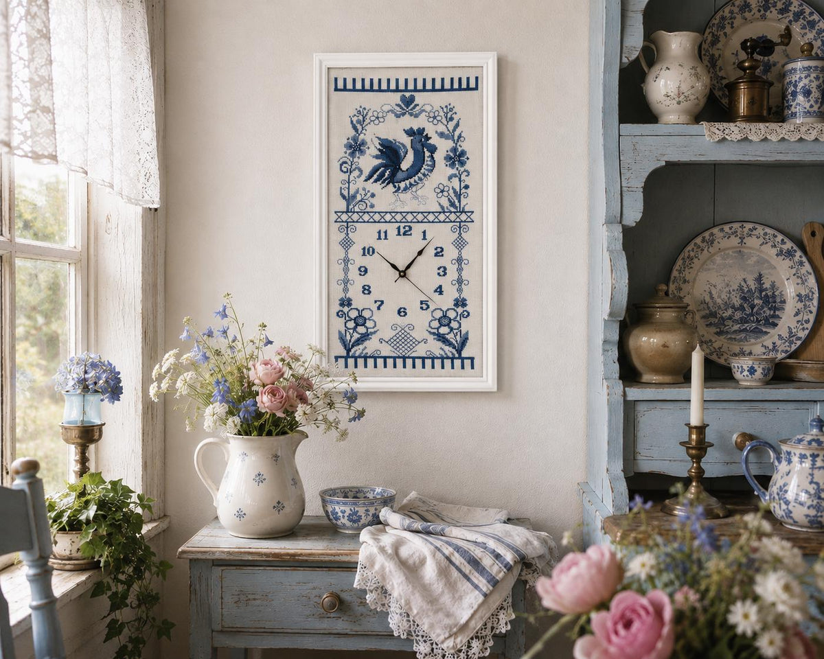 Cross Stitch Rooster Clock Panel Swedish Folk Art Embroidery Teak Frame