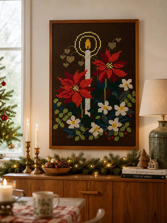 Christmas Needlepoint Wall Art, Mid Century Teak Framed Textile Tapestry