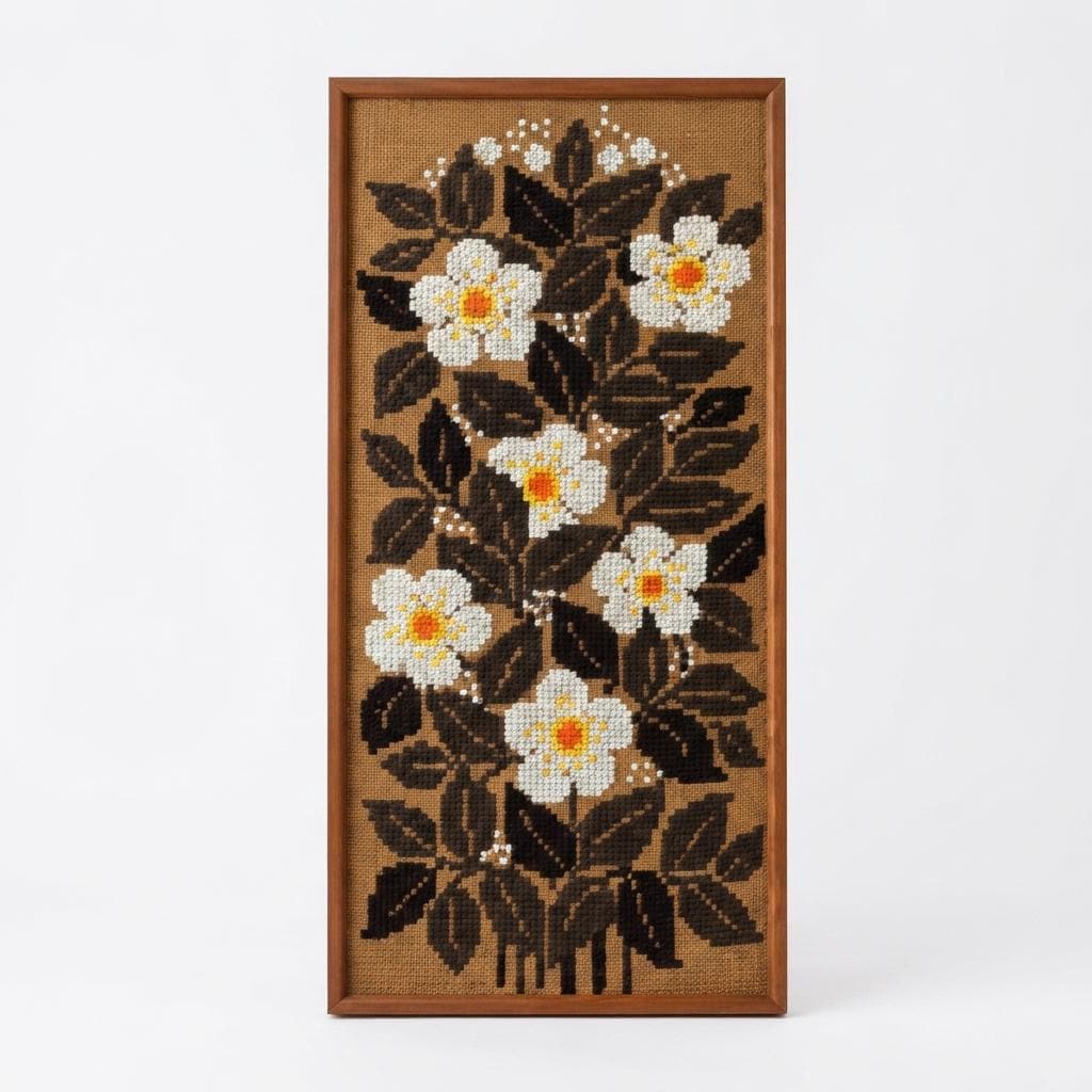 Large Vintage Floral Needlepoint Wall Art, Hand Embroidered Wool Tapestry on Canvas, White Flowers, Teak Framed Scandinavian Textile Art