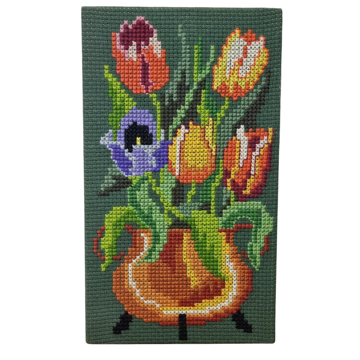 Swedish Tulip Needlepoint Wall Art | Mid Century Floral Textile Panel | 1960s 1970s Nordic Embroidery