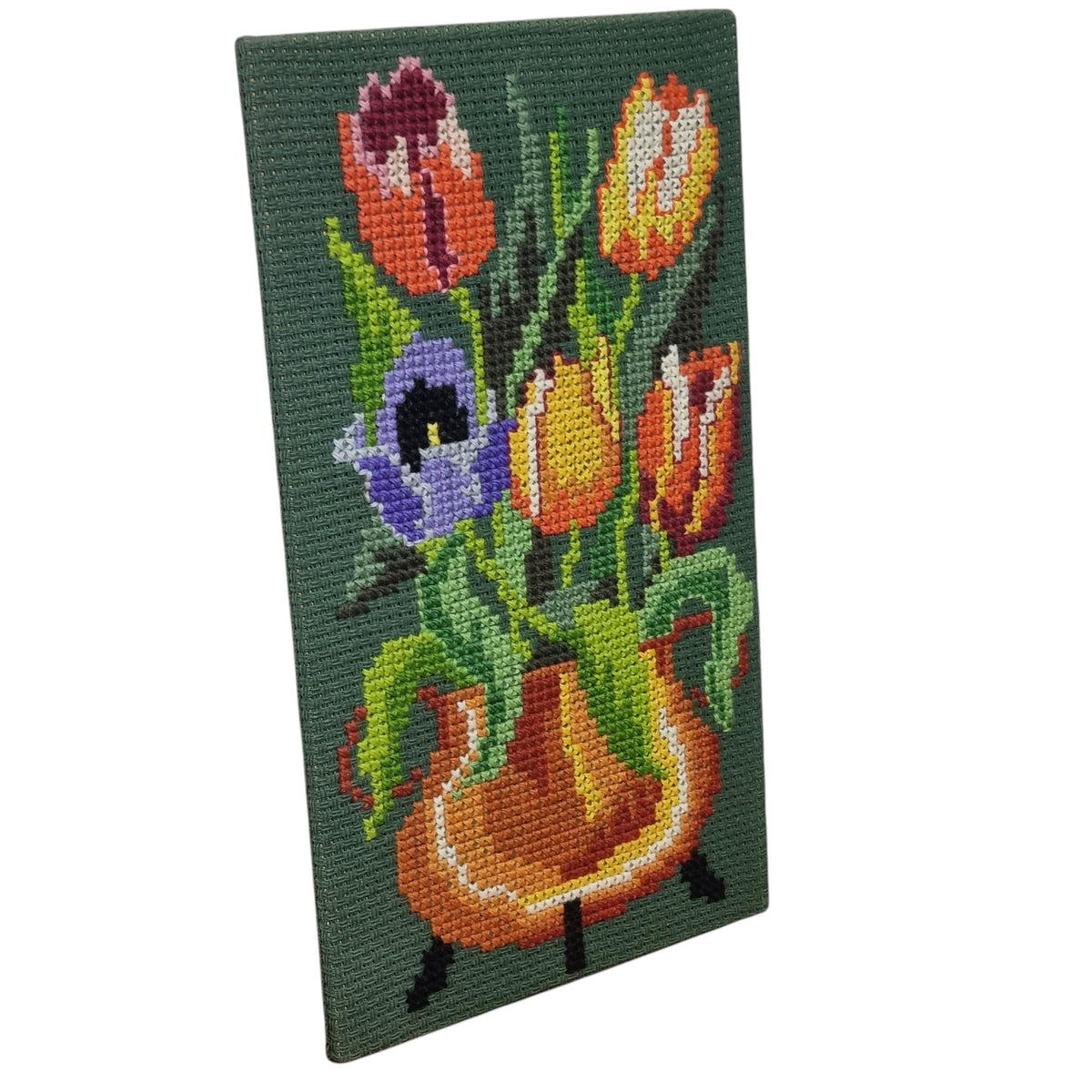 Swedish Tulip Needlepoint Wall Art | Mid Century Floral Textile Panel | 1960s 1970s Nordic Embroidery