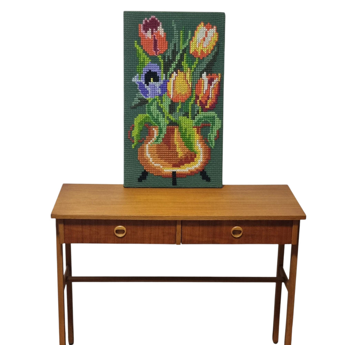 Swedish Tulip Needlepoint Wall Art | Mid Century Floral Textile Panel | 1960s 1970s Nordic Embroidery