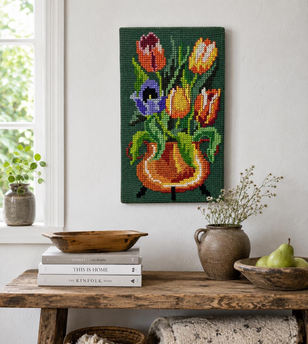 Swedish Tulip Needlepoint Wall Art | Mid Century Floral Textile Panel | 1960s 1970s Nordic Embroidery