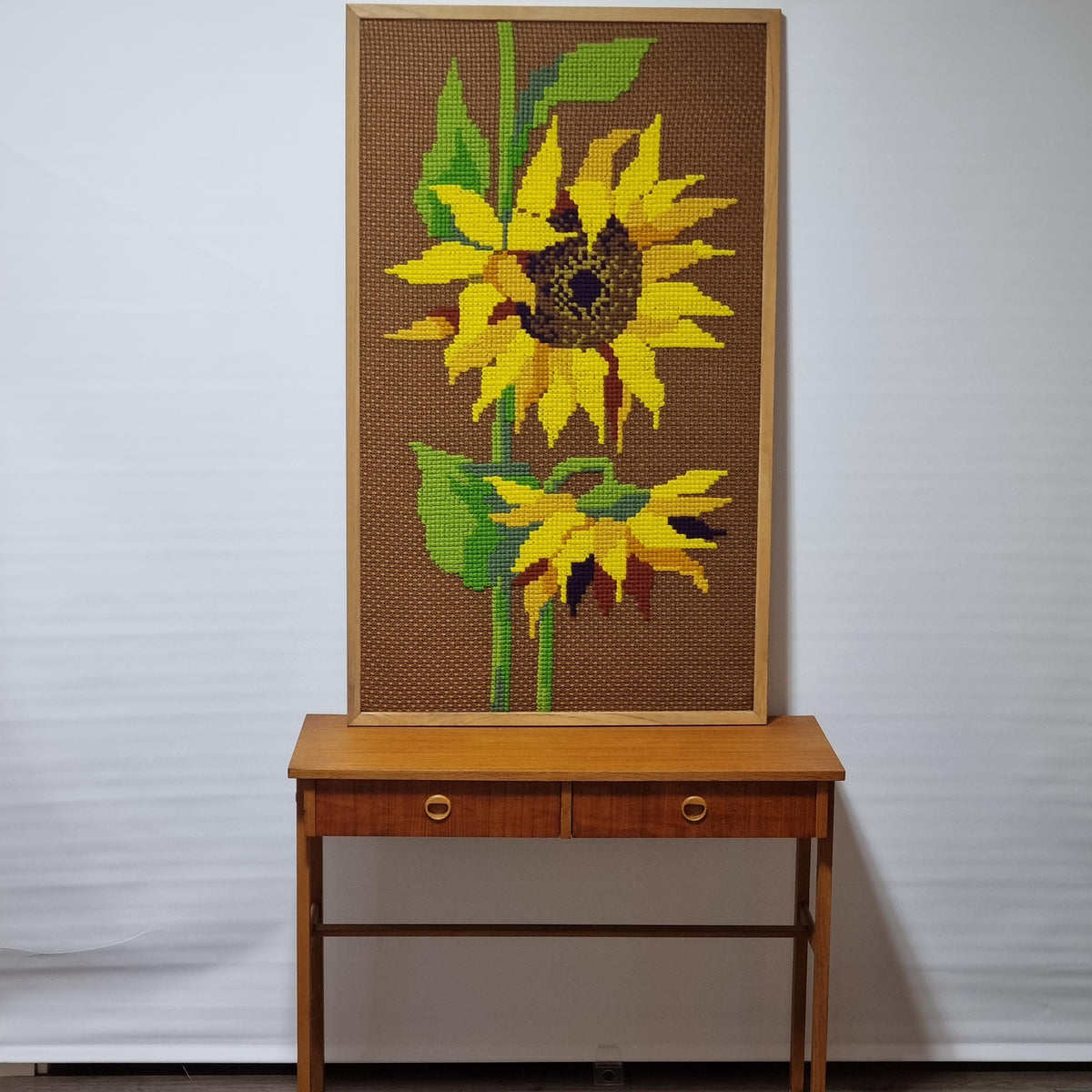 Large Sunflower Needlepoint Wall Art, Mid Century Teak Framed Textile Tapestry