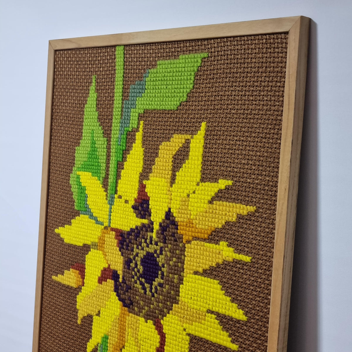 Large Sunflower Needlepoint Wall Art, Mid Century Teak Framed Textile Tapestry