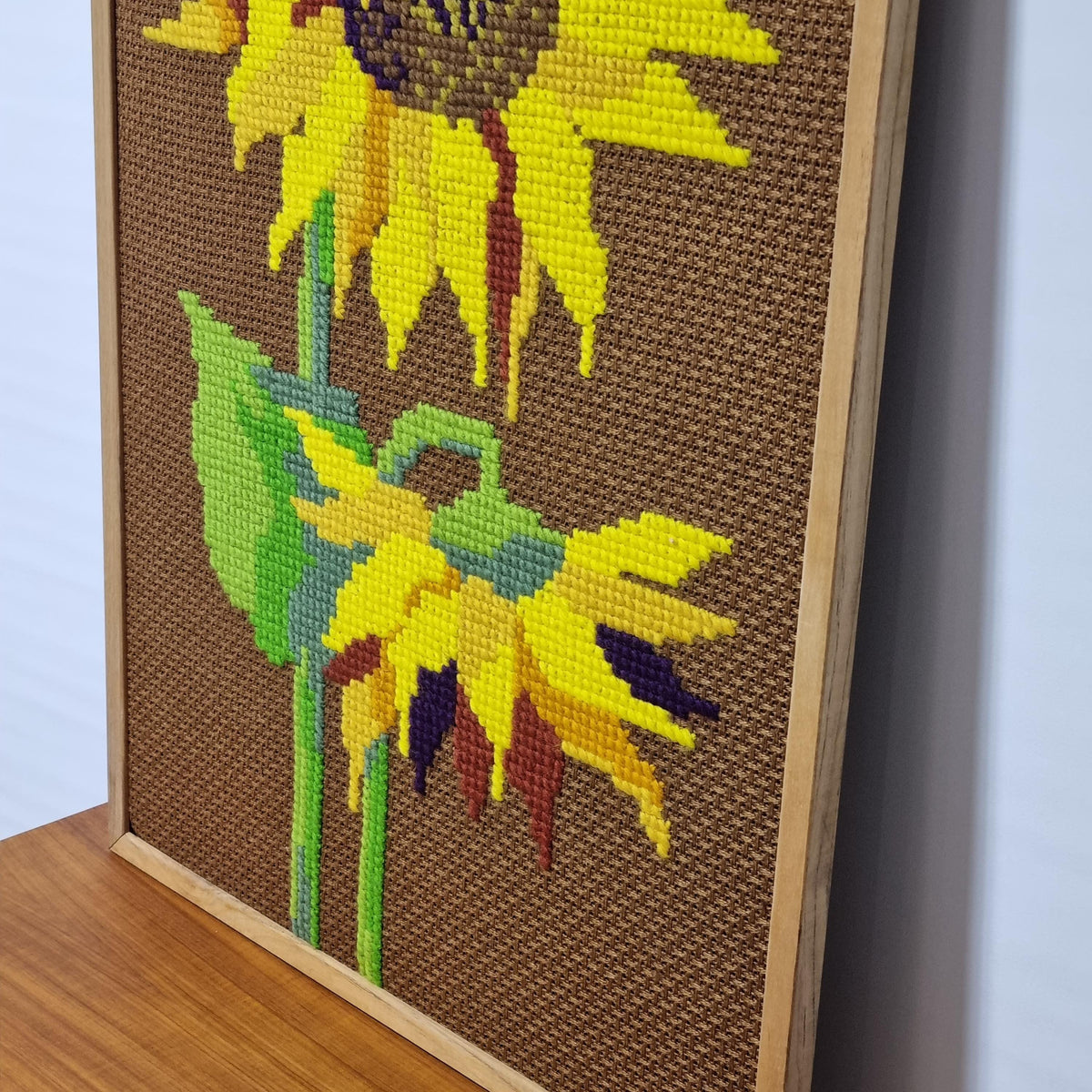 Large Sunflower Needlepoint Wall Art, Mid Century Teak Framed Textile Tapestry