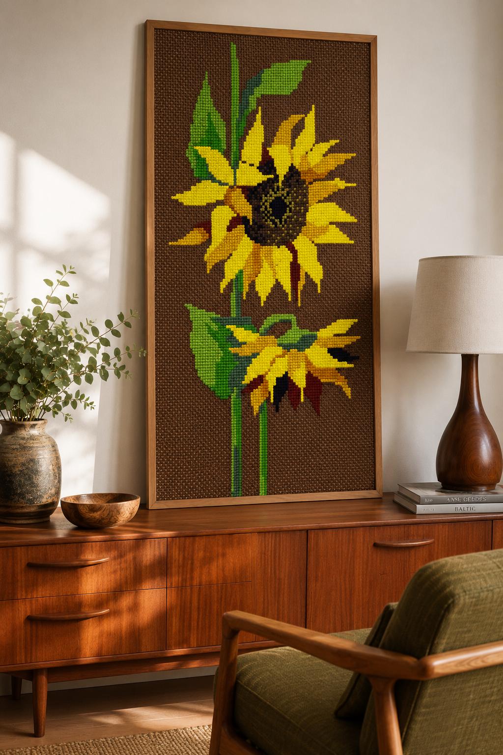 Large Sunflower Needlepoint Wall Art, Mid Century Teak Framed Textile Tapestry