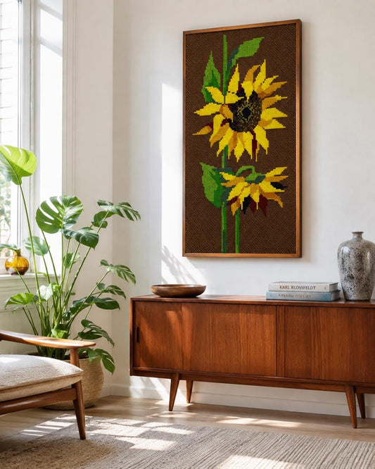 Large Sunflower Needlepoint Wall Art, Mid Century Teak Framed Textile Tapestry