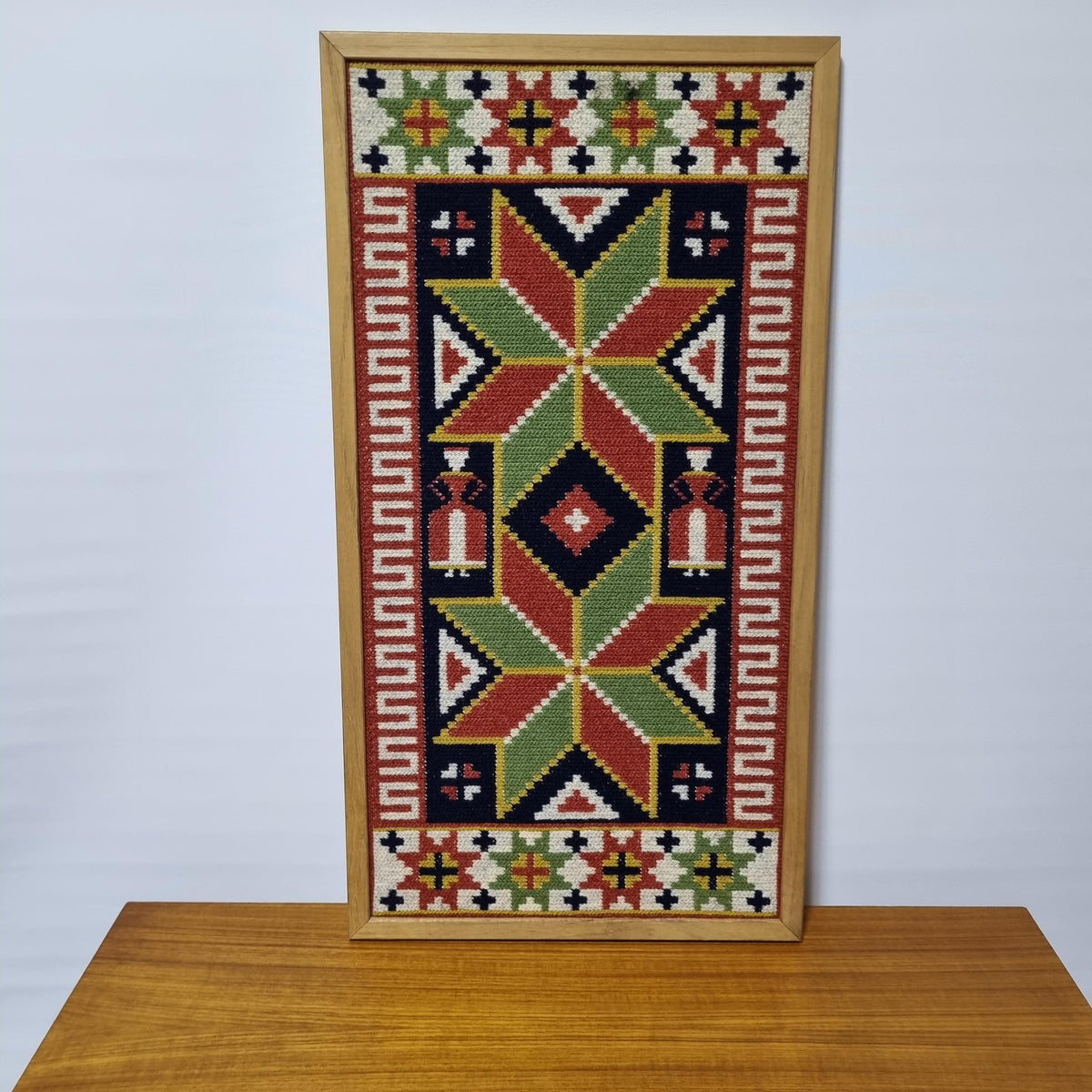 Swedish Folk Art Woven Wool Wall Hanging, Geometric Scandinavian Textile Art, Teak Frame