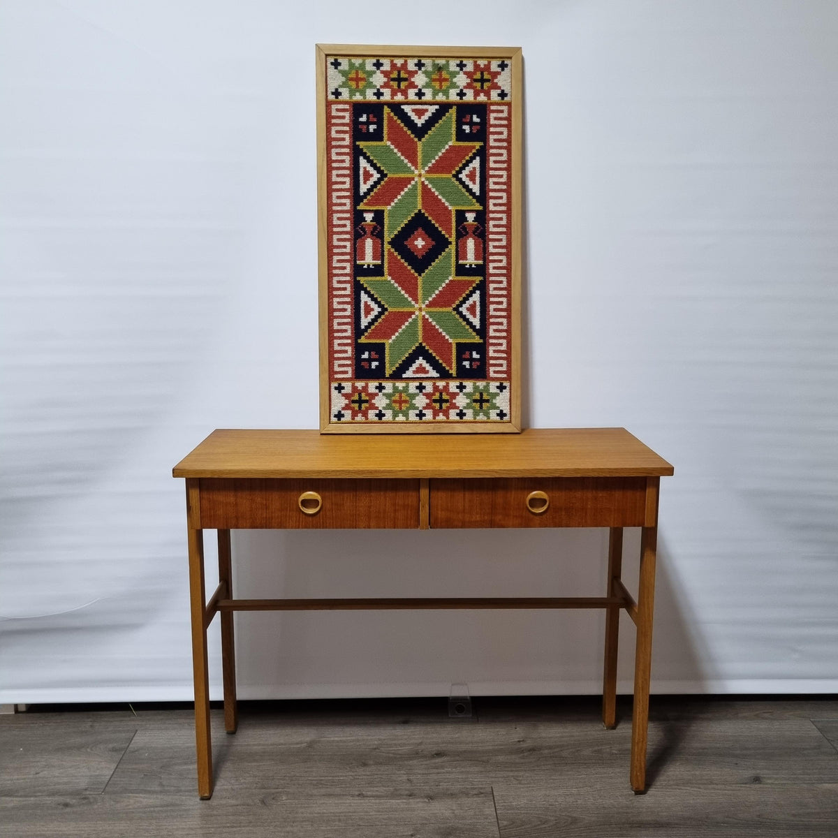 Swedish Folk Art Woven Wool Wall Hanging, Geometric Scandinavian Textile Art, Teak Frame